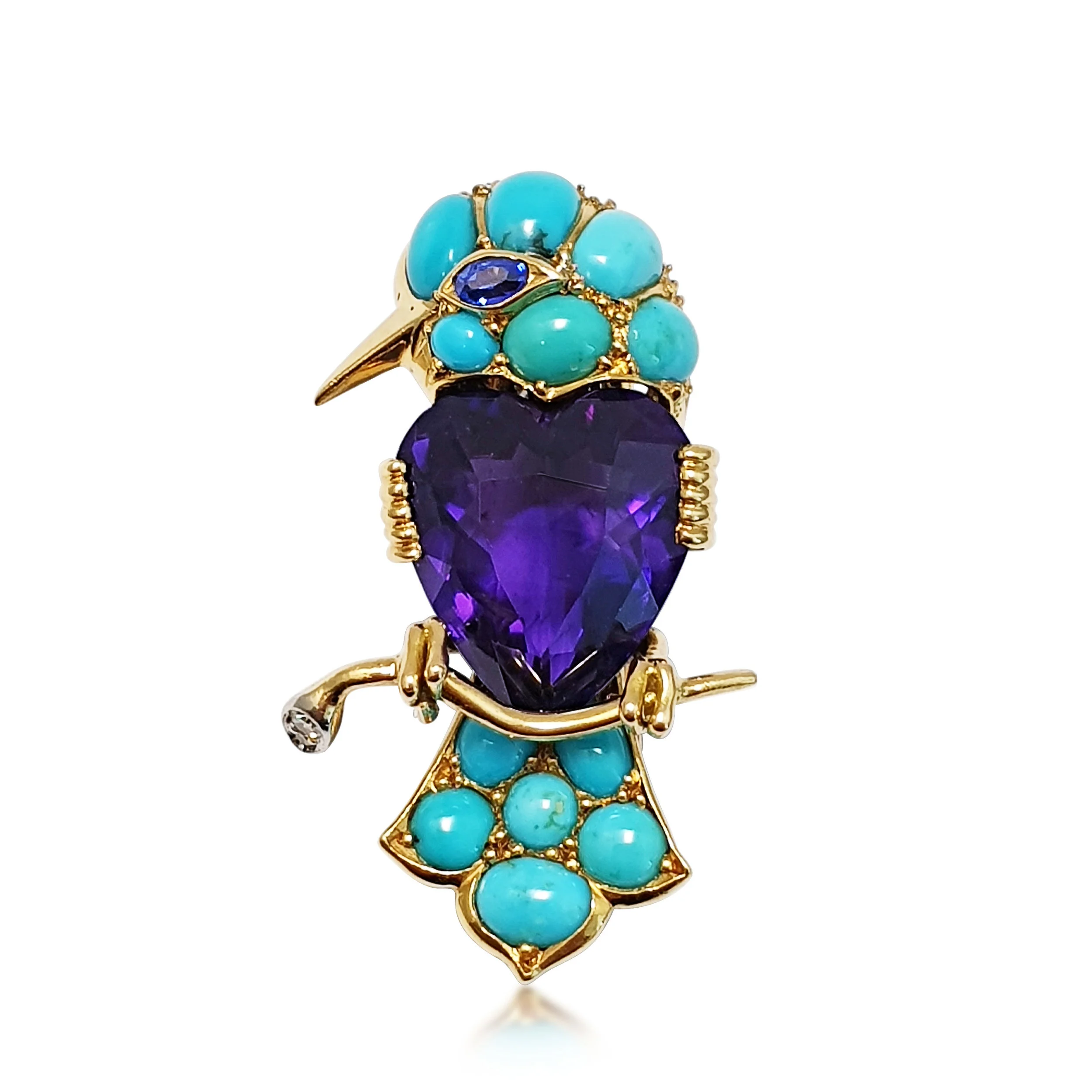A Turquoise, Amethyst and Gold Bird Brooch, by Cartier  