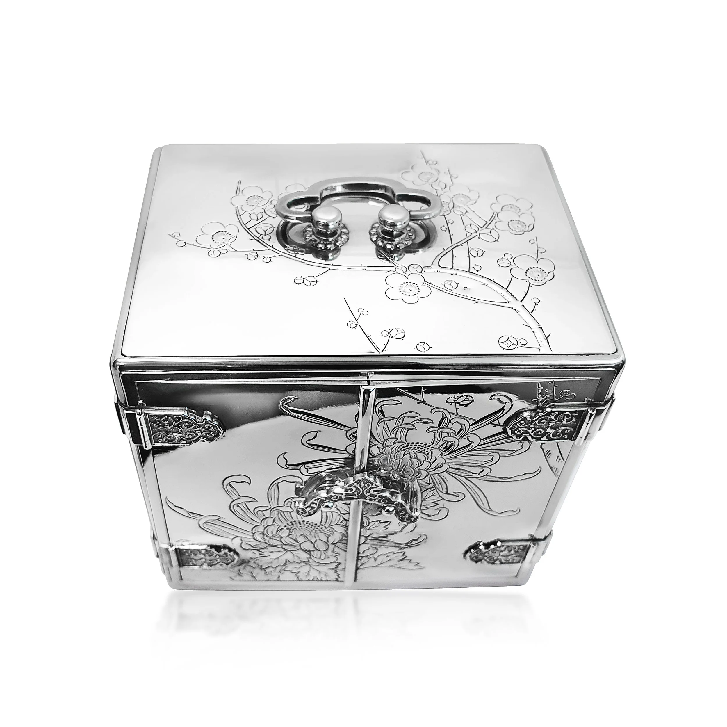 An Antique Japanese Meiji-Era Silver and Lacquer Jewelry Box 