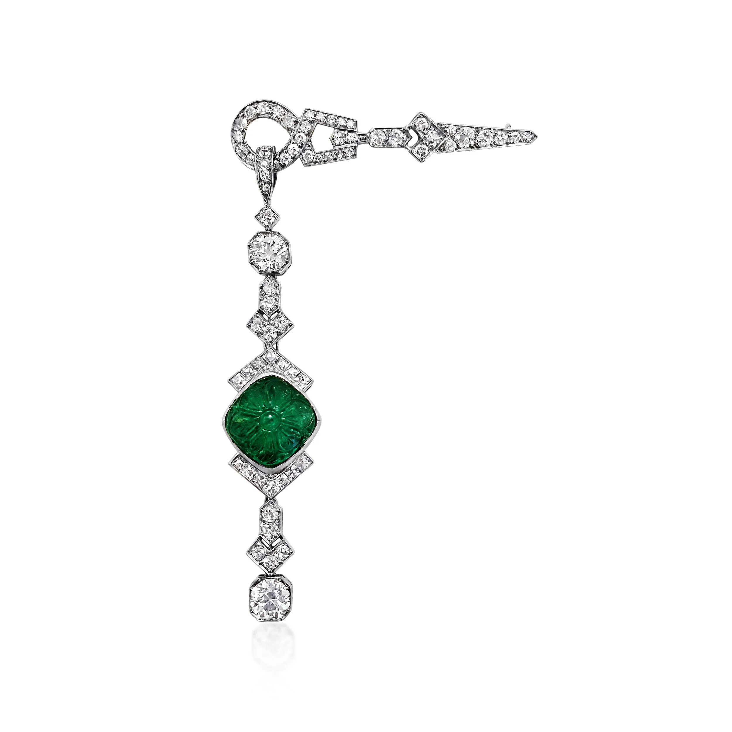 An Art Deco  Carved Emerald, Platinum and Diamond Brooch, circa 1925