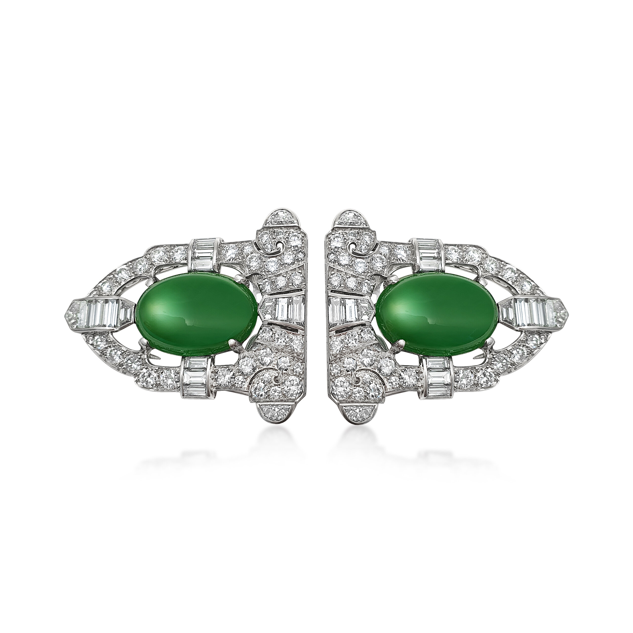 A Pair of Jadeite and Diamond Double Clips, by Tiffany &amp; Co  