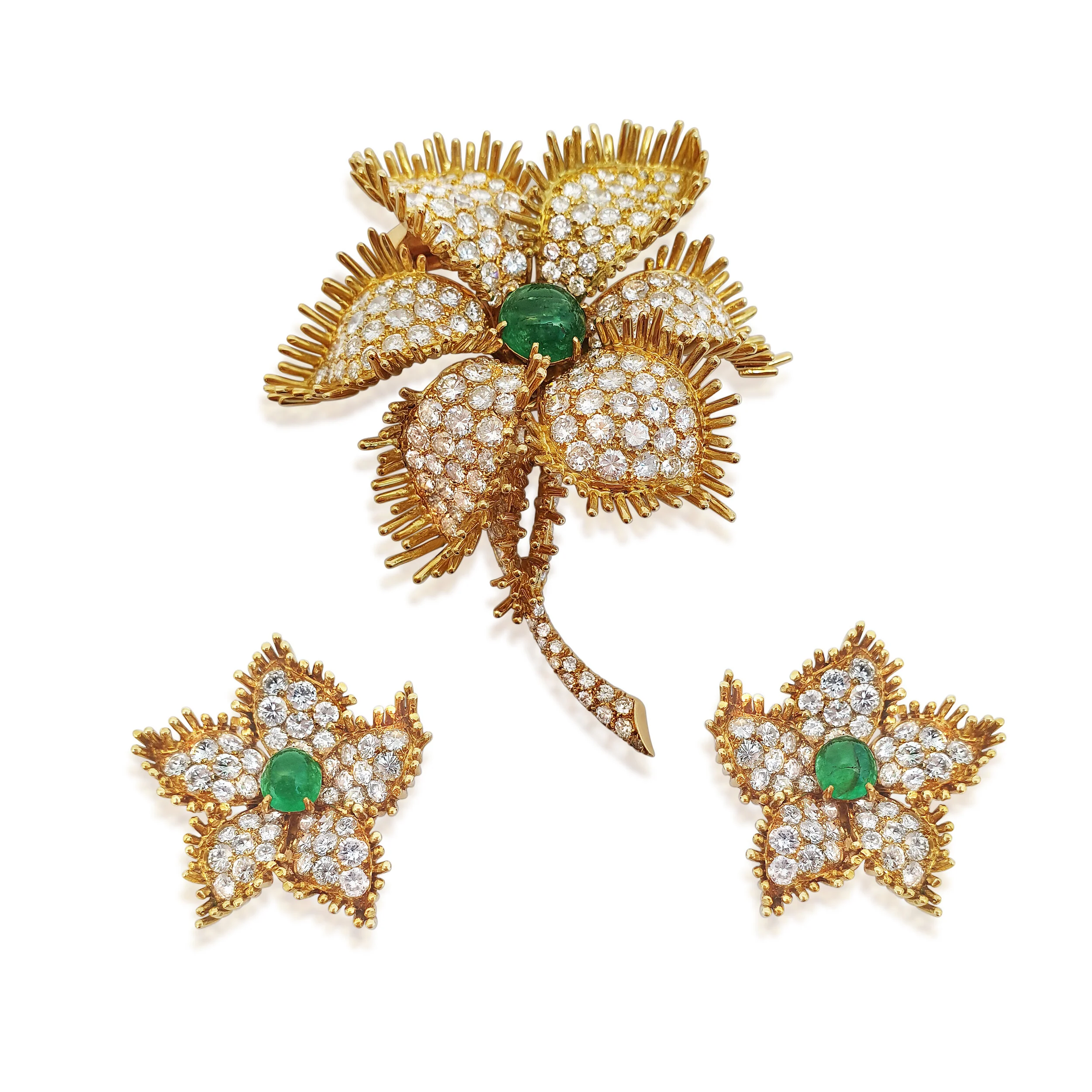 An Emerald Diamond Gold Floral Set, by Van Cleef &amp; Arpels  
