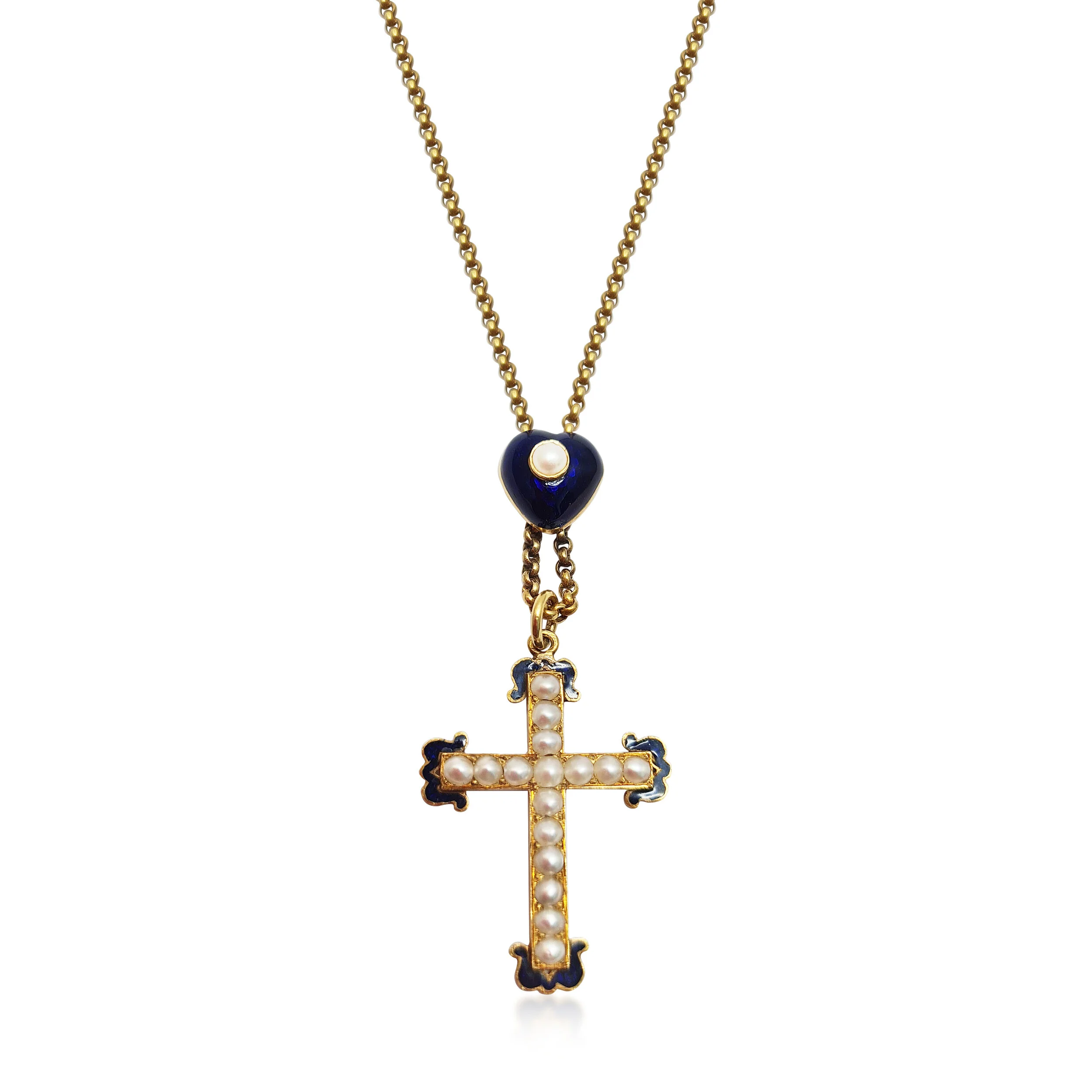 An Antique Seed Pearl and Enamel Cross Pendant