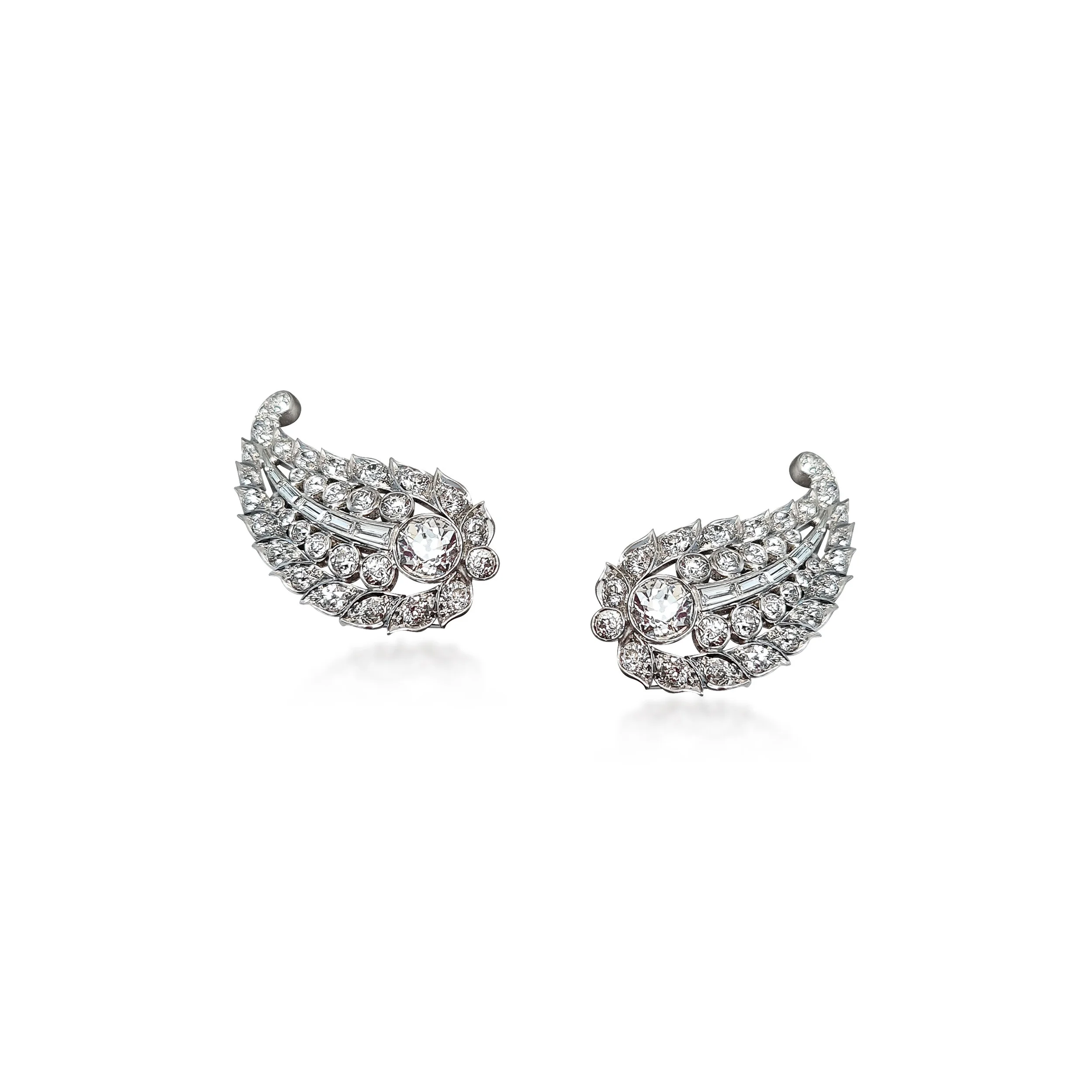A Pair of Art Deco Diamond and Platinum Ear Clips