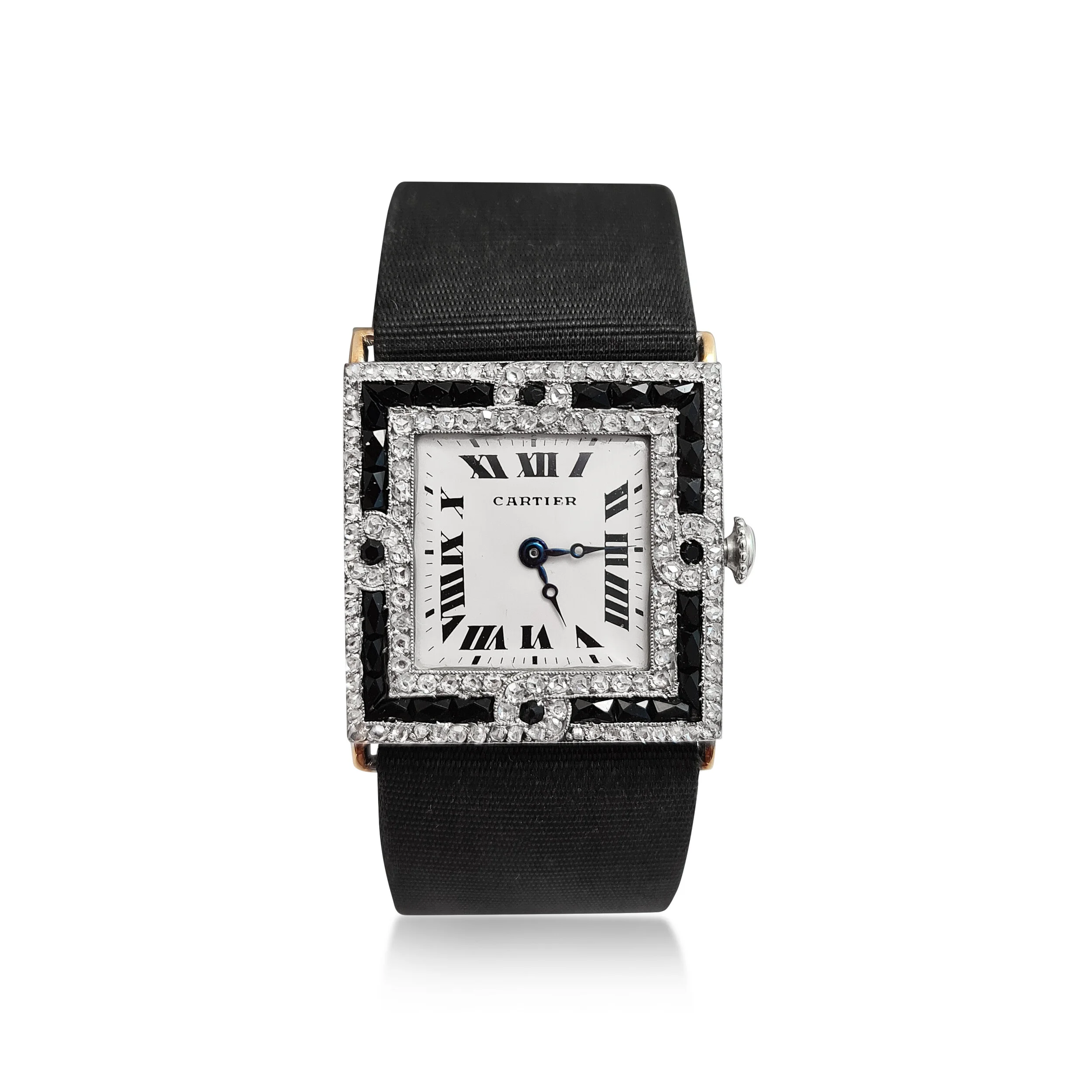 An Art Deco Diamond and Onyx Watch, by Cartier