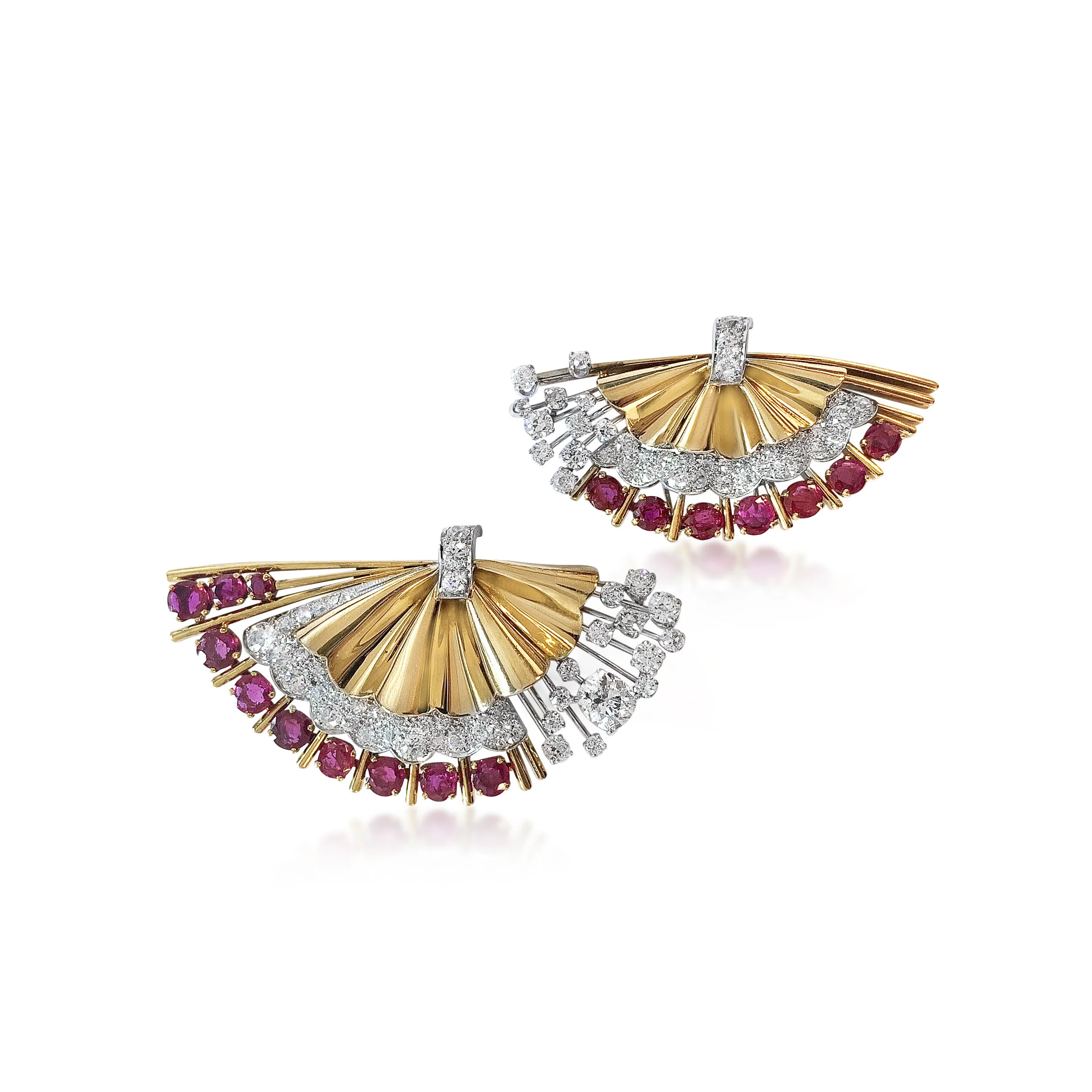 BO301:210421 YG and Ruby Fan Shaped Brooches.jpg