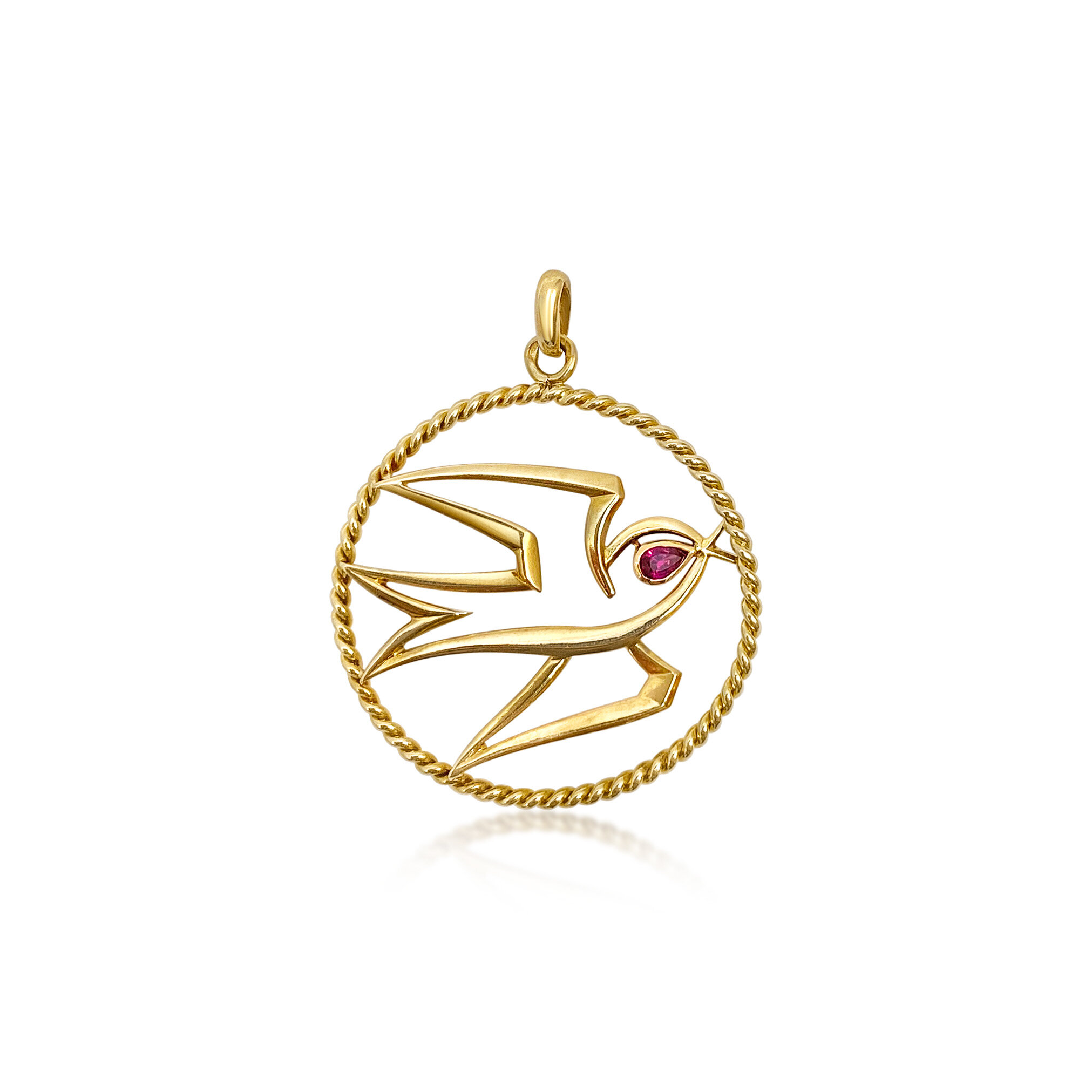 An 18K Yellow Gold and Ruby Dove Pendant Charm