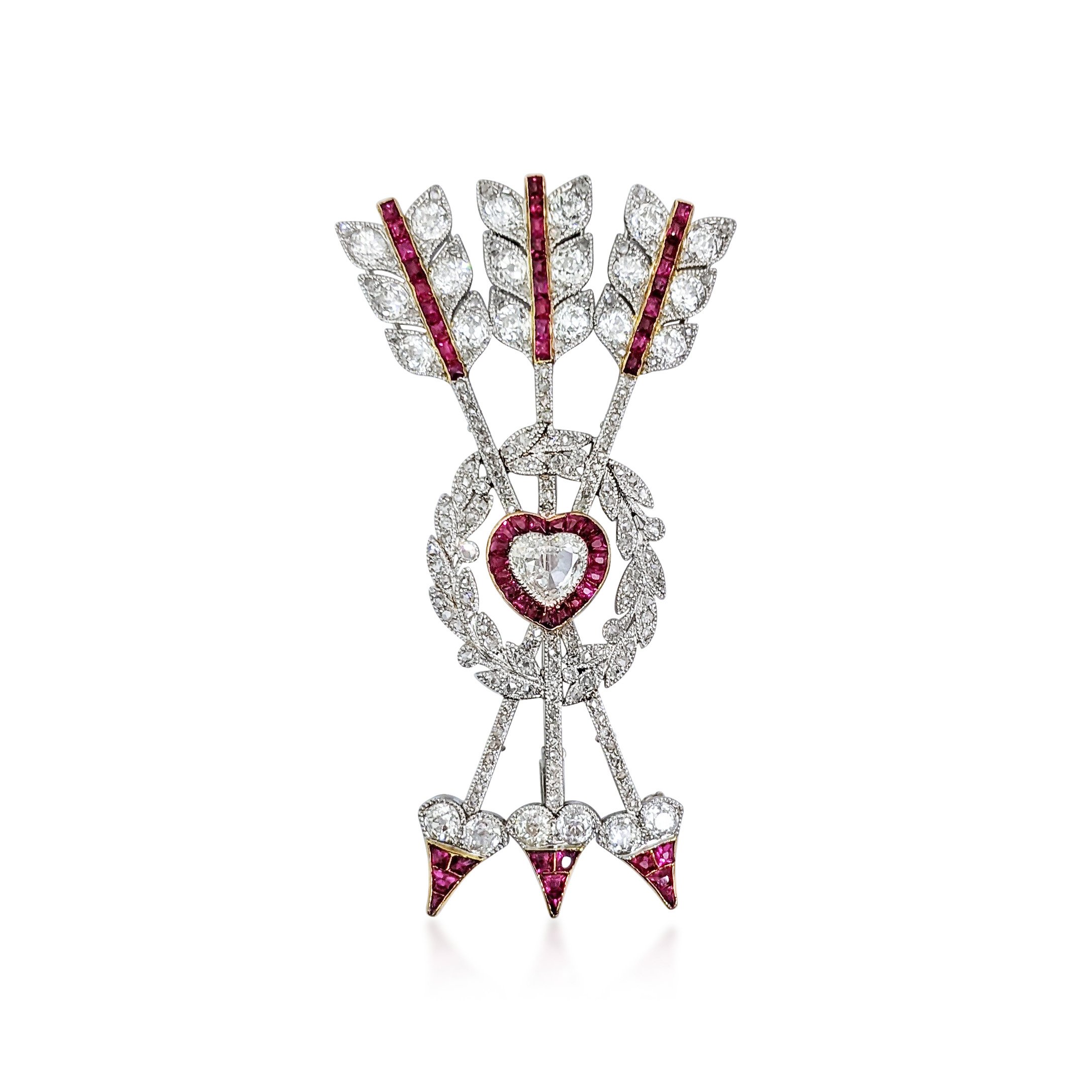 An Edwardian Diamond, Ruby and Platinum Arrow Brooch