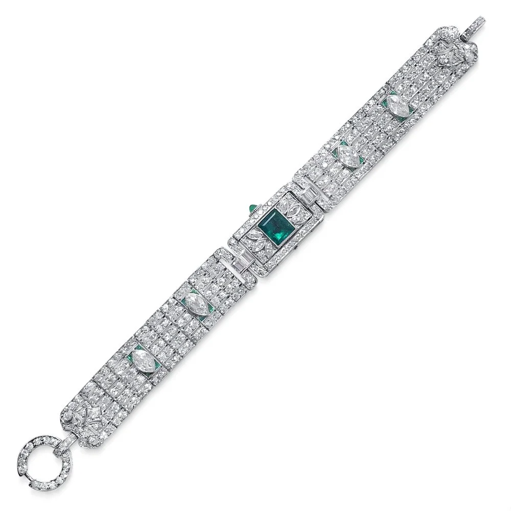 An Art Deco Diamond and Emerald Watch Bracelet, by Gattle, circa 1925