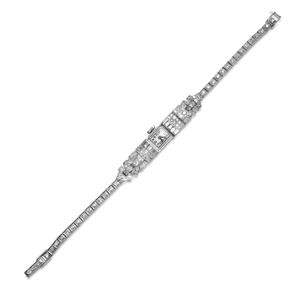 An Art Deco Lady's Platinum Diamond Wrist Watch with Swiss Movements, circa 1930