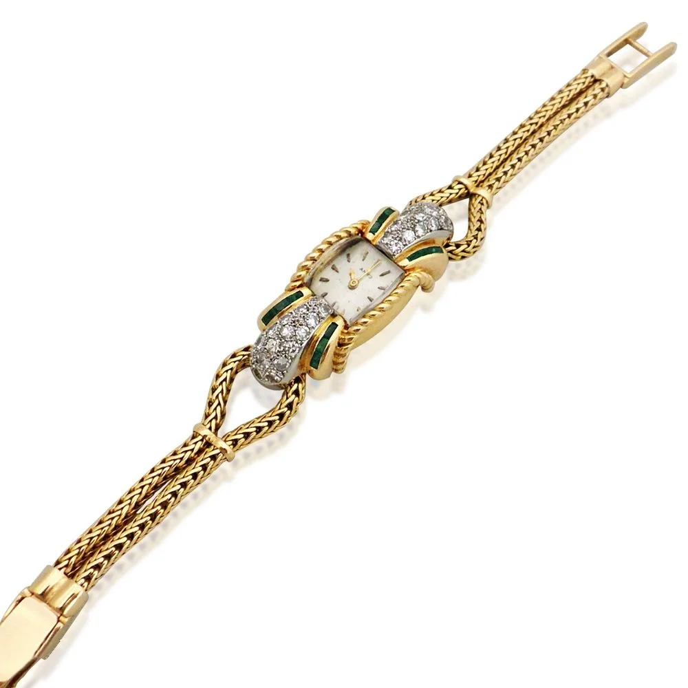 A Retro Diamond, Emerald and Yellow-Gold Bracelet Watch, by Cyma