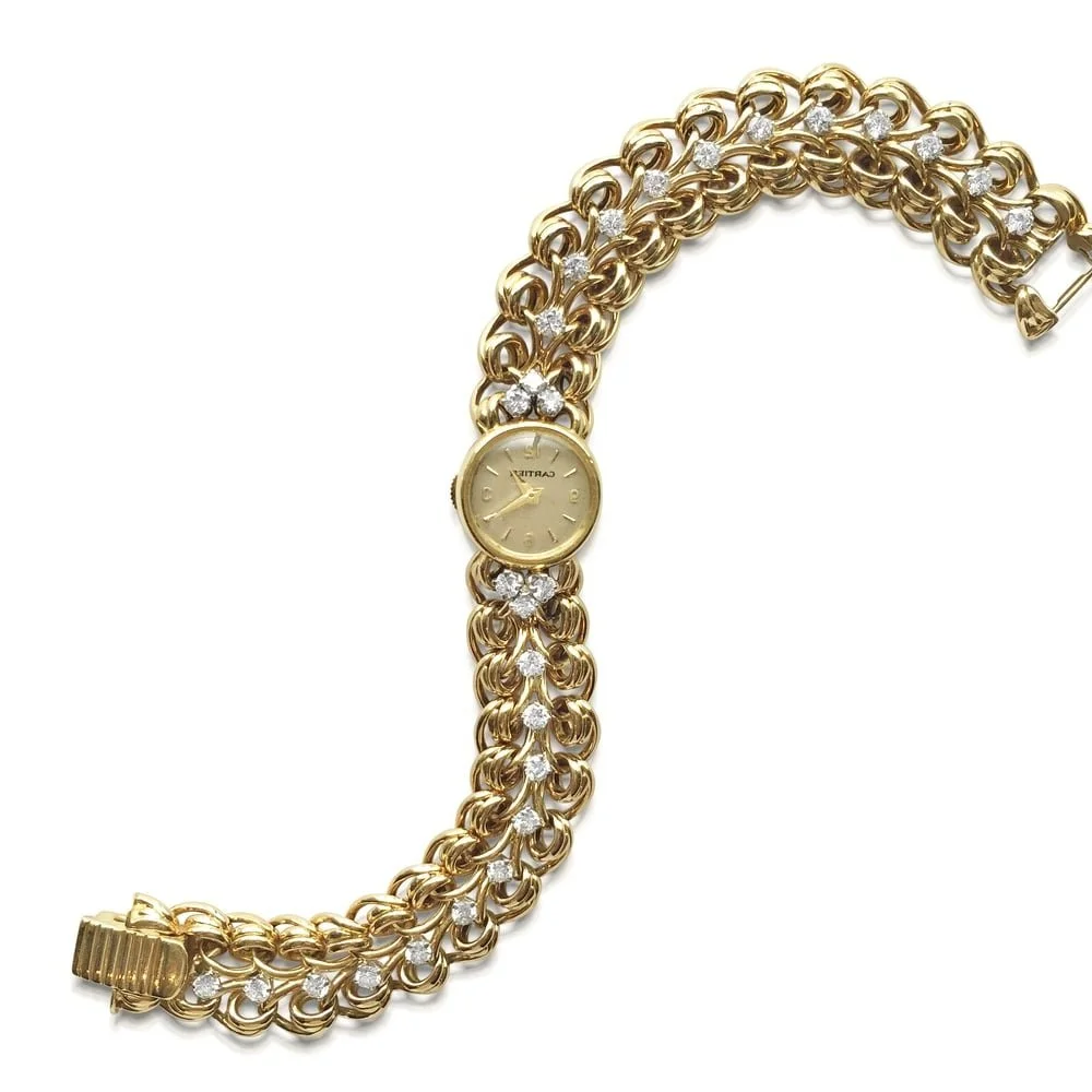 A Gold and Diamond Bracelet Watch, by Cartier