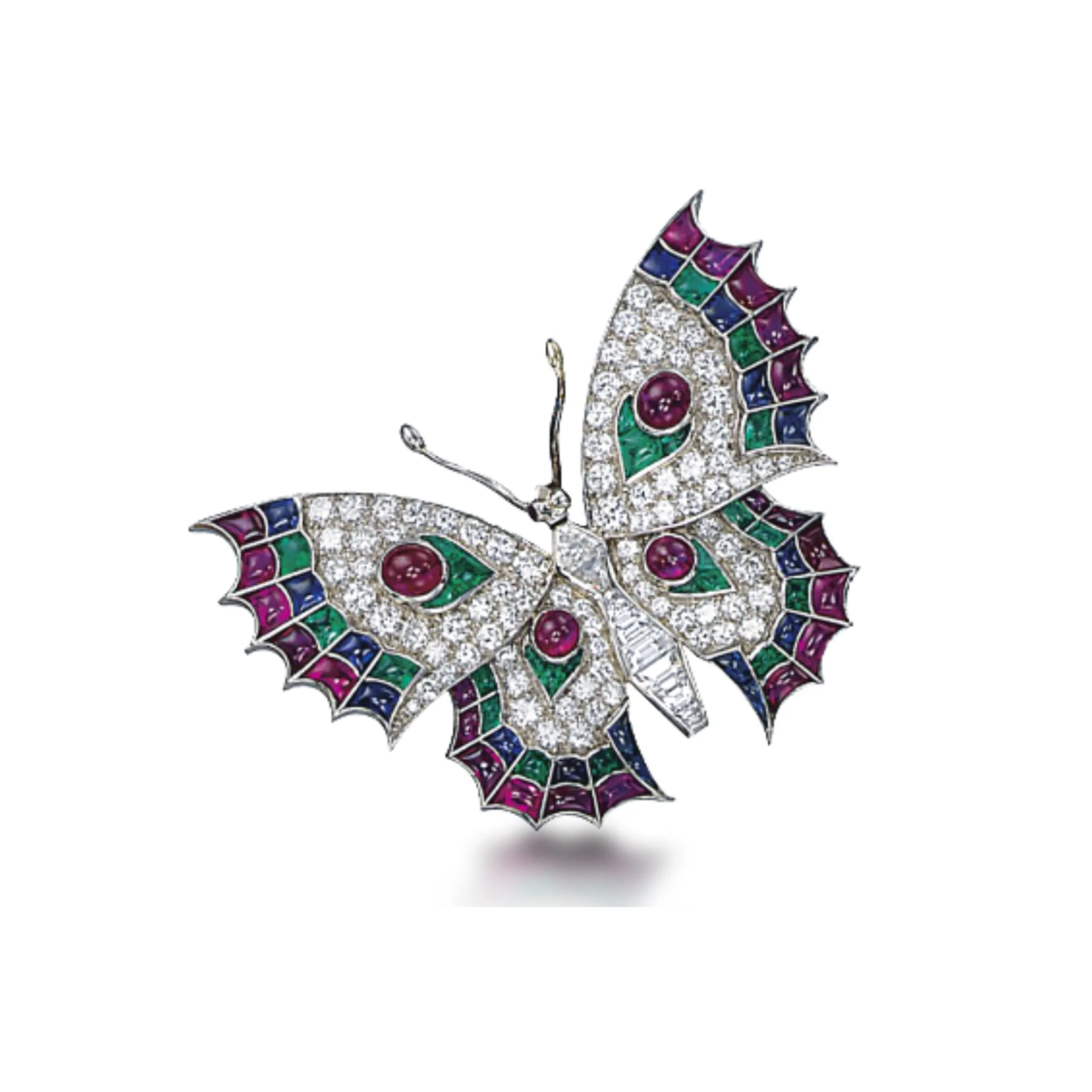 A RUBY, SAPPHIRE, EMERALD AND DIAMOND BUTTERFLY BROOCH, BY SETTEPASSI
