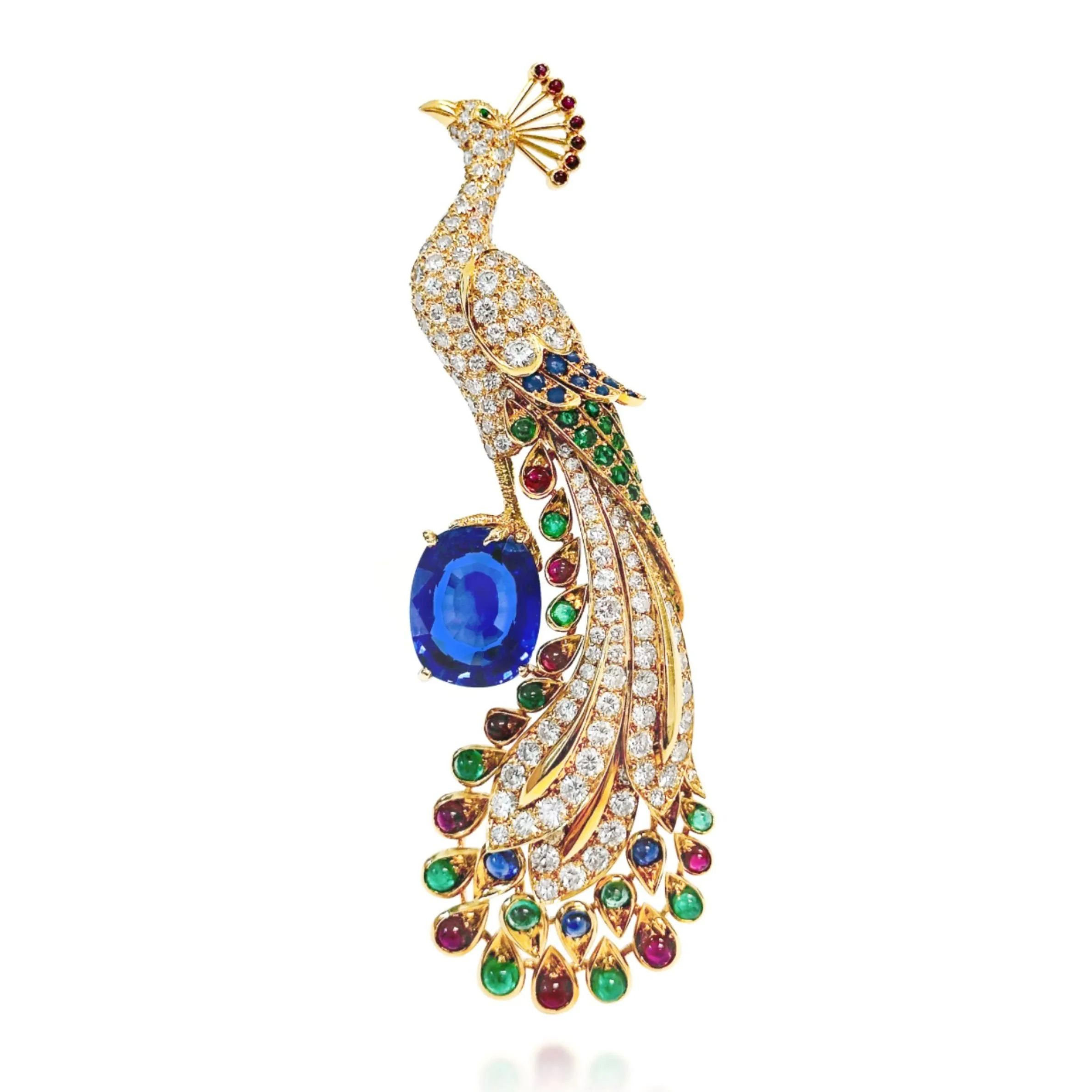 A Sapphire, Emerald, Ruby and Diamond 'Peacock' Brooch, by Cartier