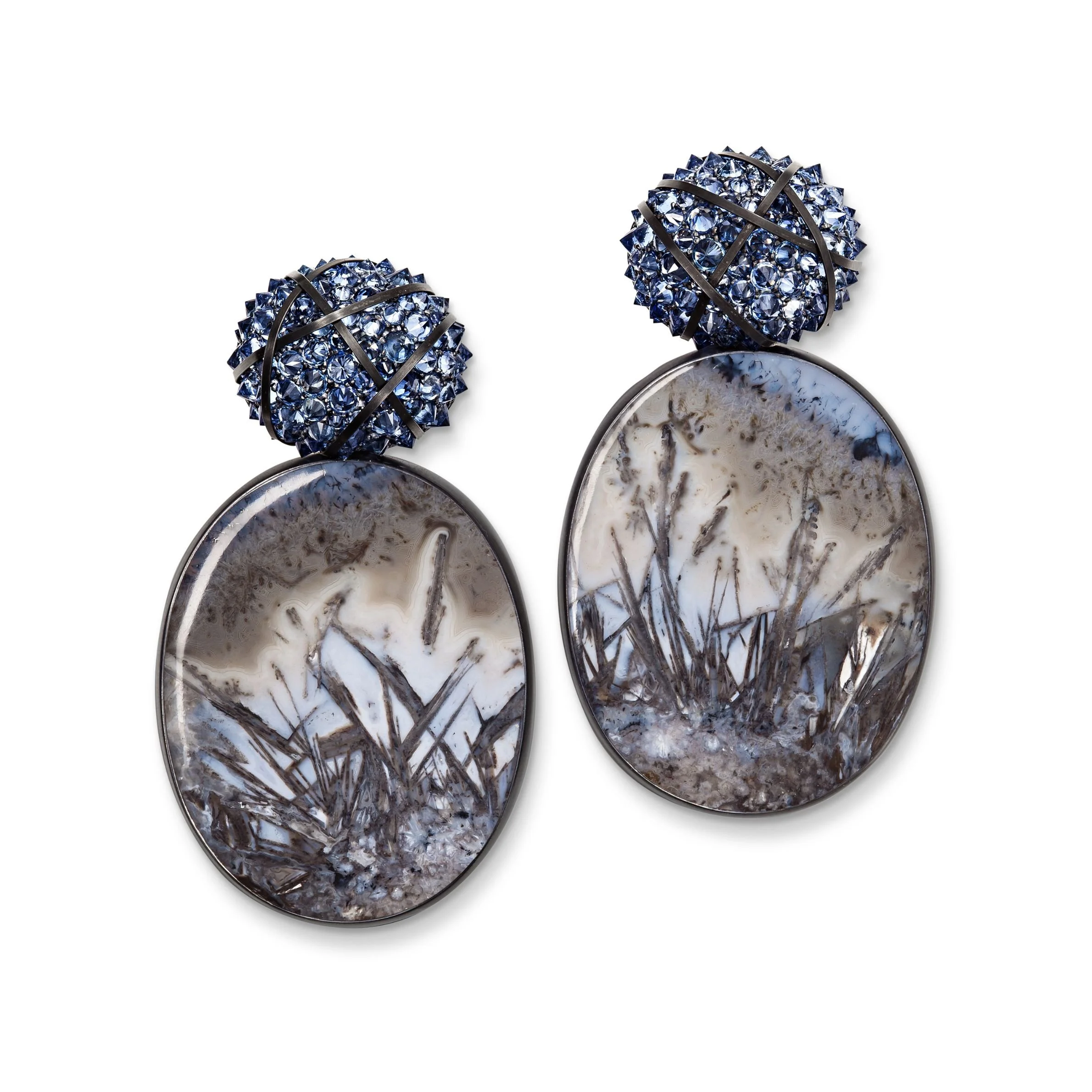 A Pair of Dendritic Agate and Sapphire Earrings, by Hemmerle