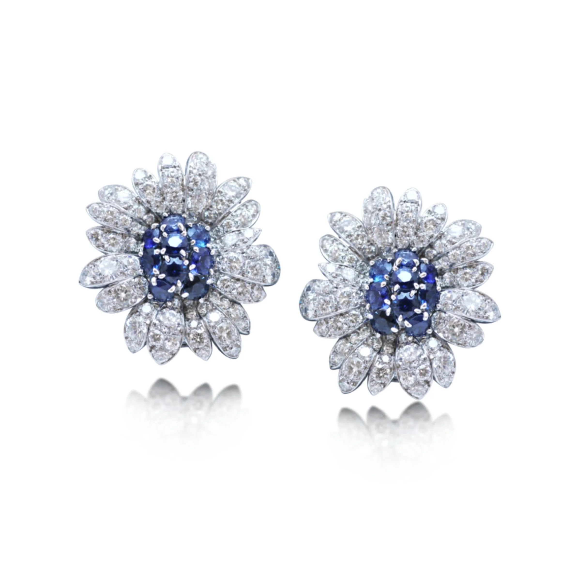 A PAIR OF RETRO PLATINUM, SAPPHIRE AND DIAMOND EARRING, BY VAN CLEEF &amp; ARPELS, CIRCA 1950s