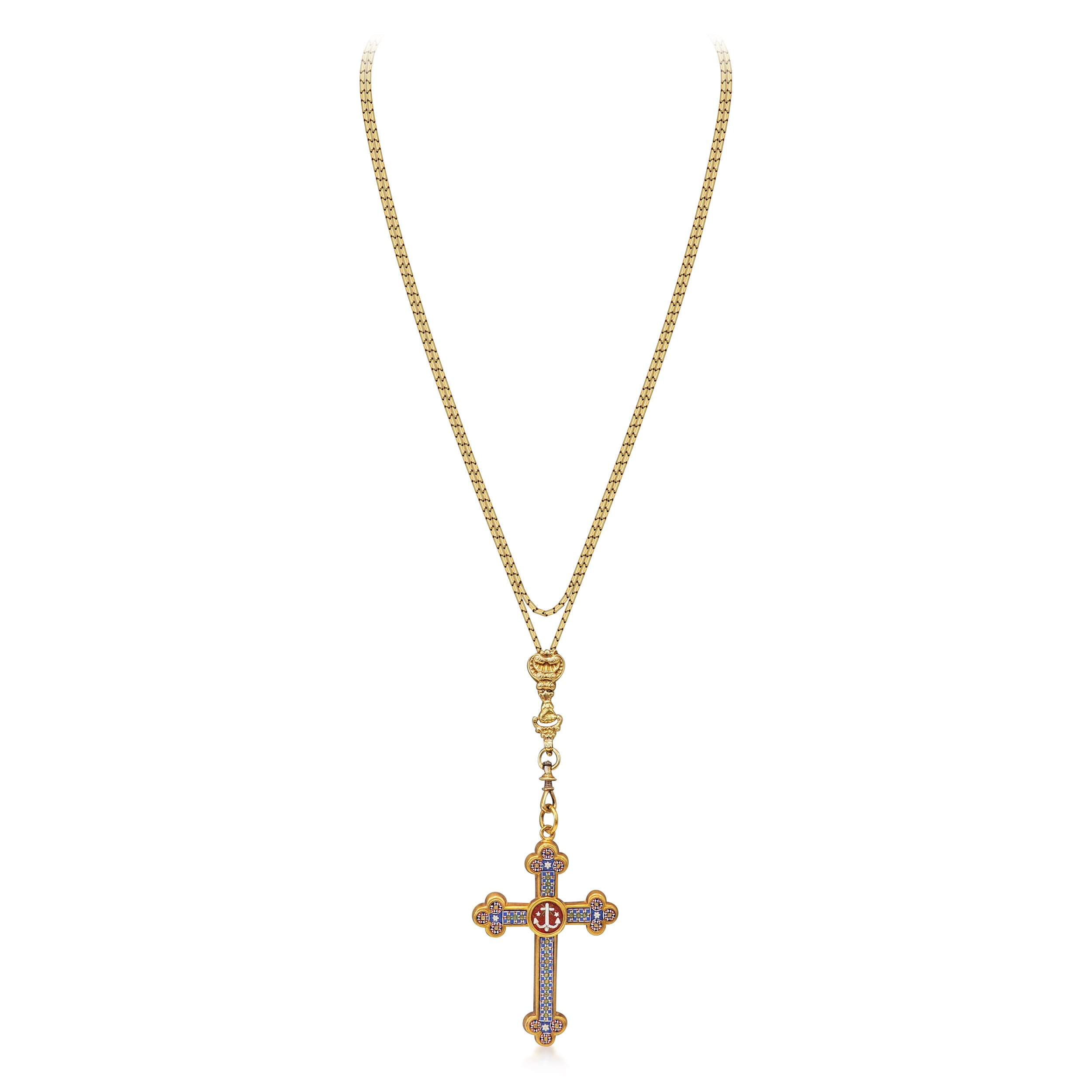 PD121:250227 A Micromosaic and Gold Cross Pendant, Chain.jpg
