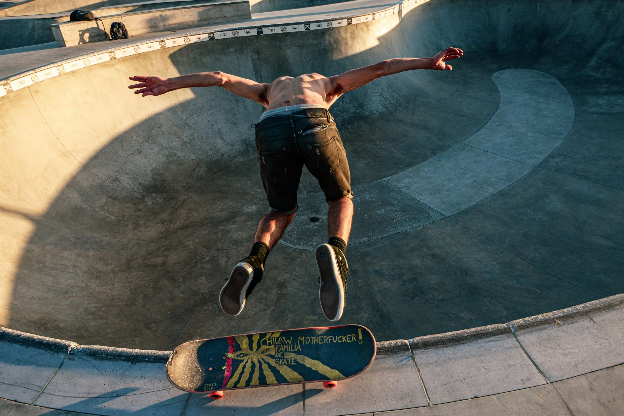 On vacation in Los Angeles from his native Argentina, Andres Garcia bails to the depths of the big bowl at Venice Beach Skatepark.