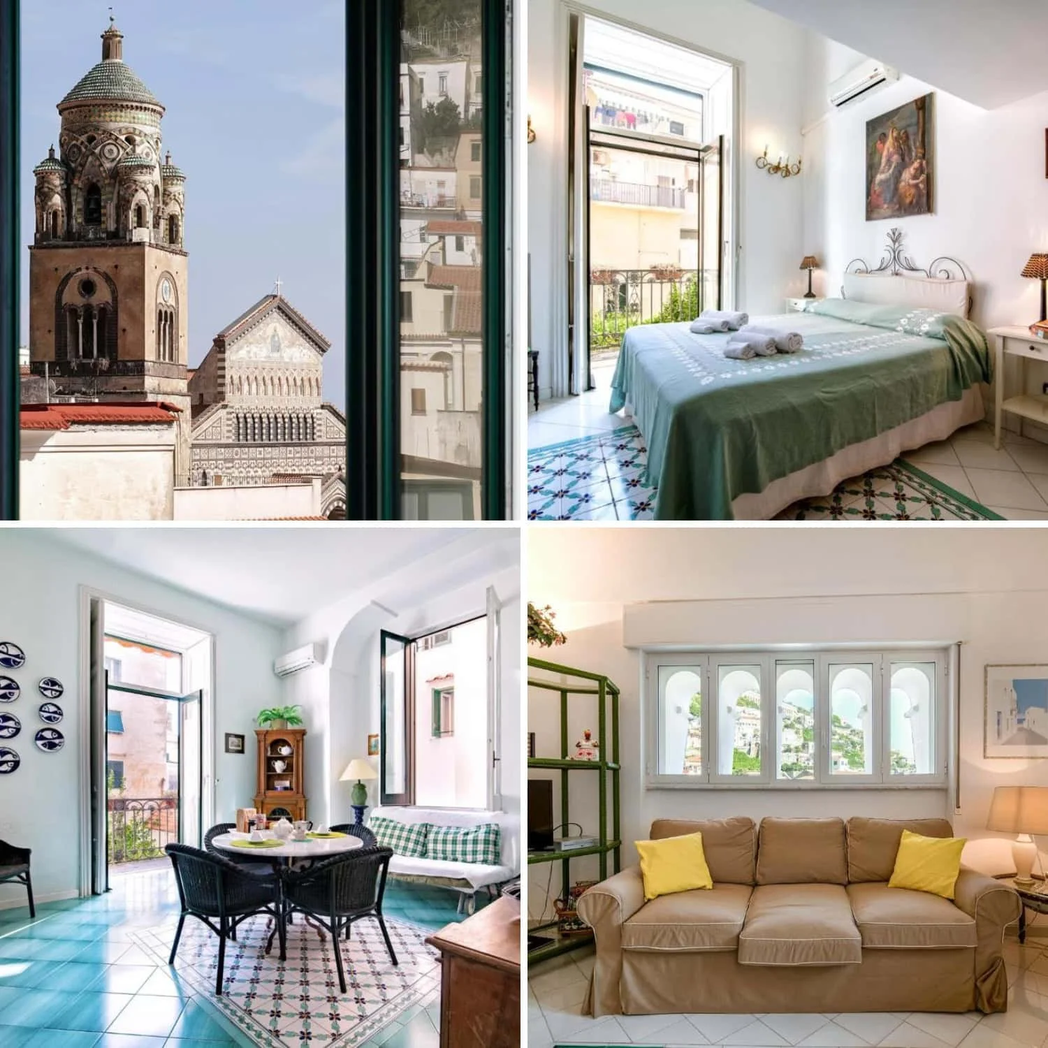 Sunlit terrace with a table set for breakfast surrounded by greenery and mountain views in the distance. The relaxed outdoor setting reflects the lifestyle of staying in Amalfi accommodations.