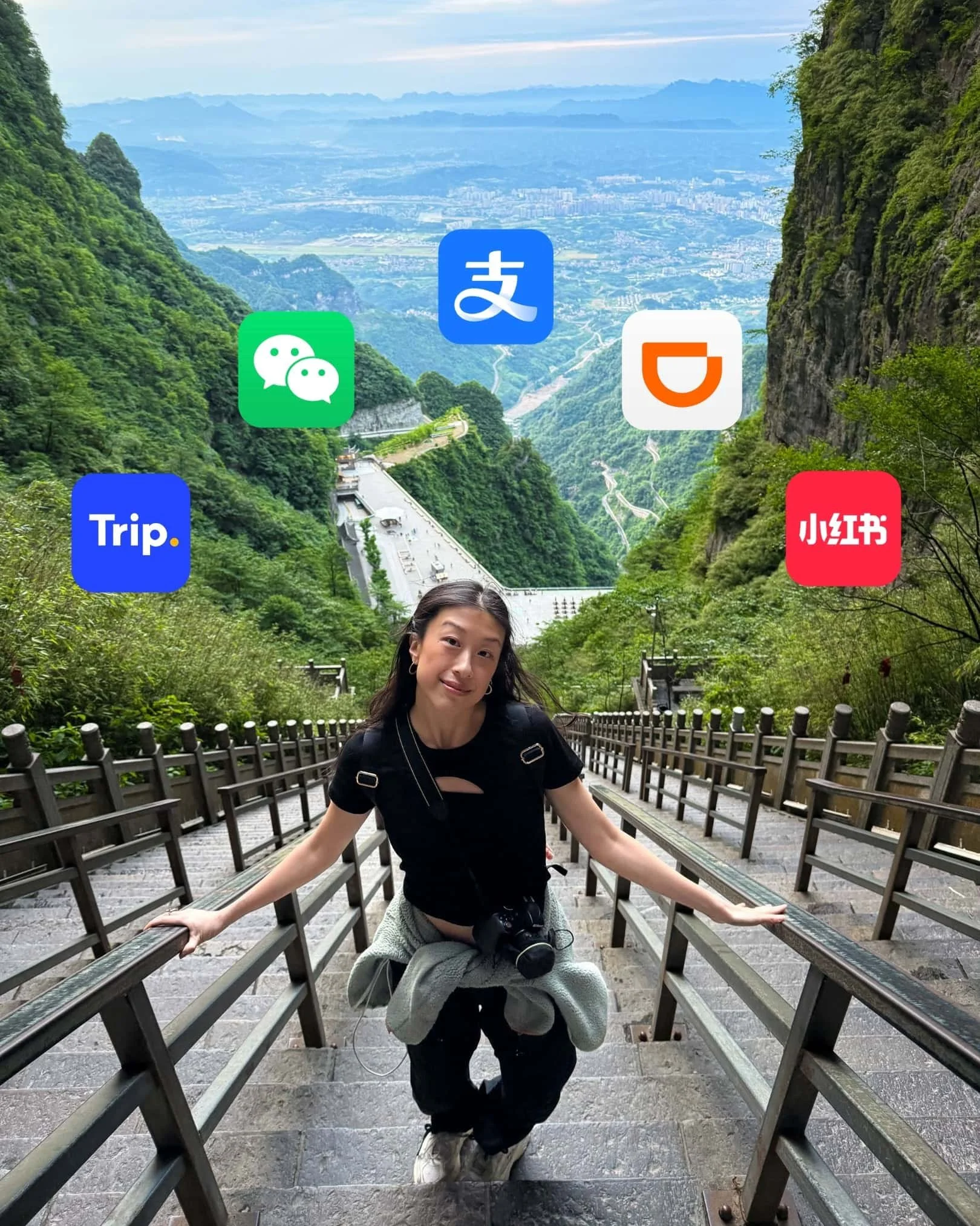Traveler on a mountain staircase in China surrounded by icons for essential apps in China, including WeChat, Alipay, DiDi, Trip.com, and RedNote.
