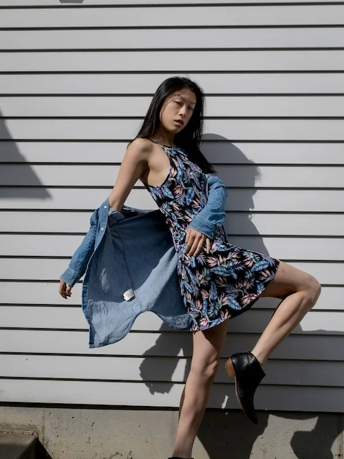 Outfit 1, bird of paradise dress, denim shirt