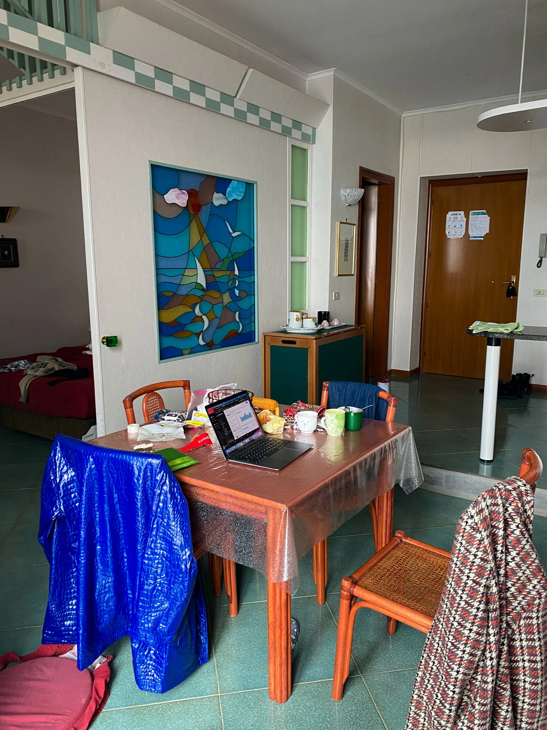 My work setup in the living area at the Caleidoscopio Amalfi B&amp;B.