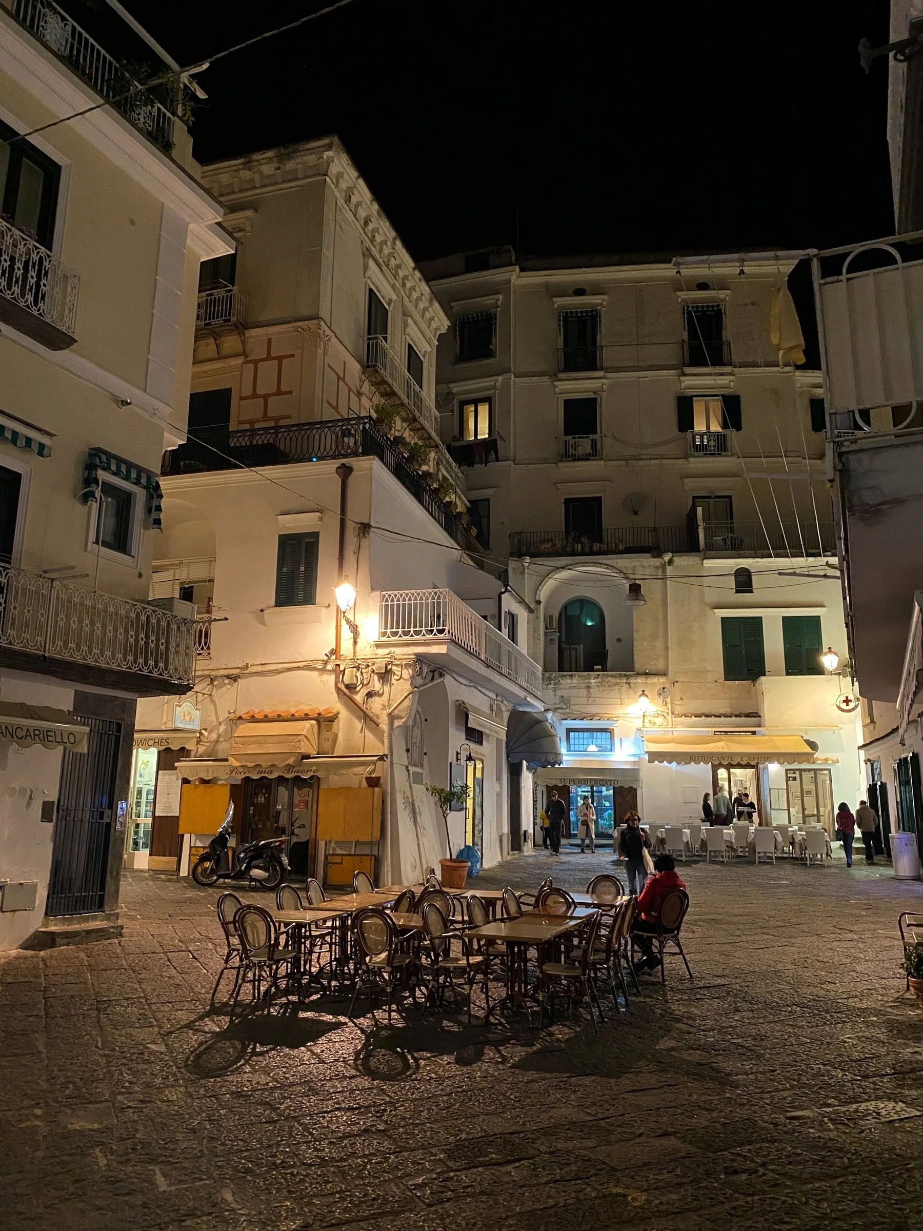Exploring the main square in Amalfi Town at night.