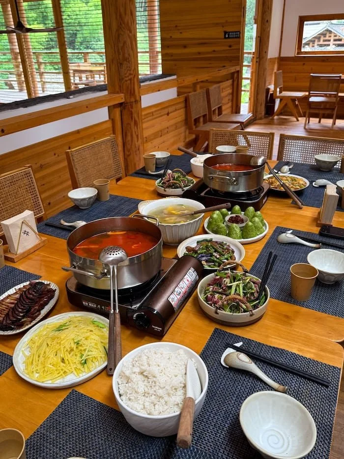 Traditional Chinese meal with hot pot.
