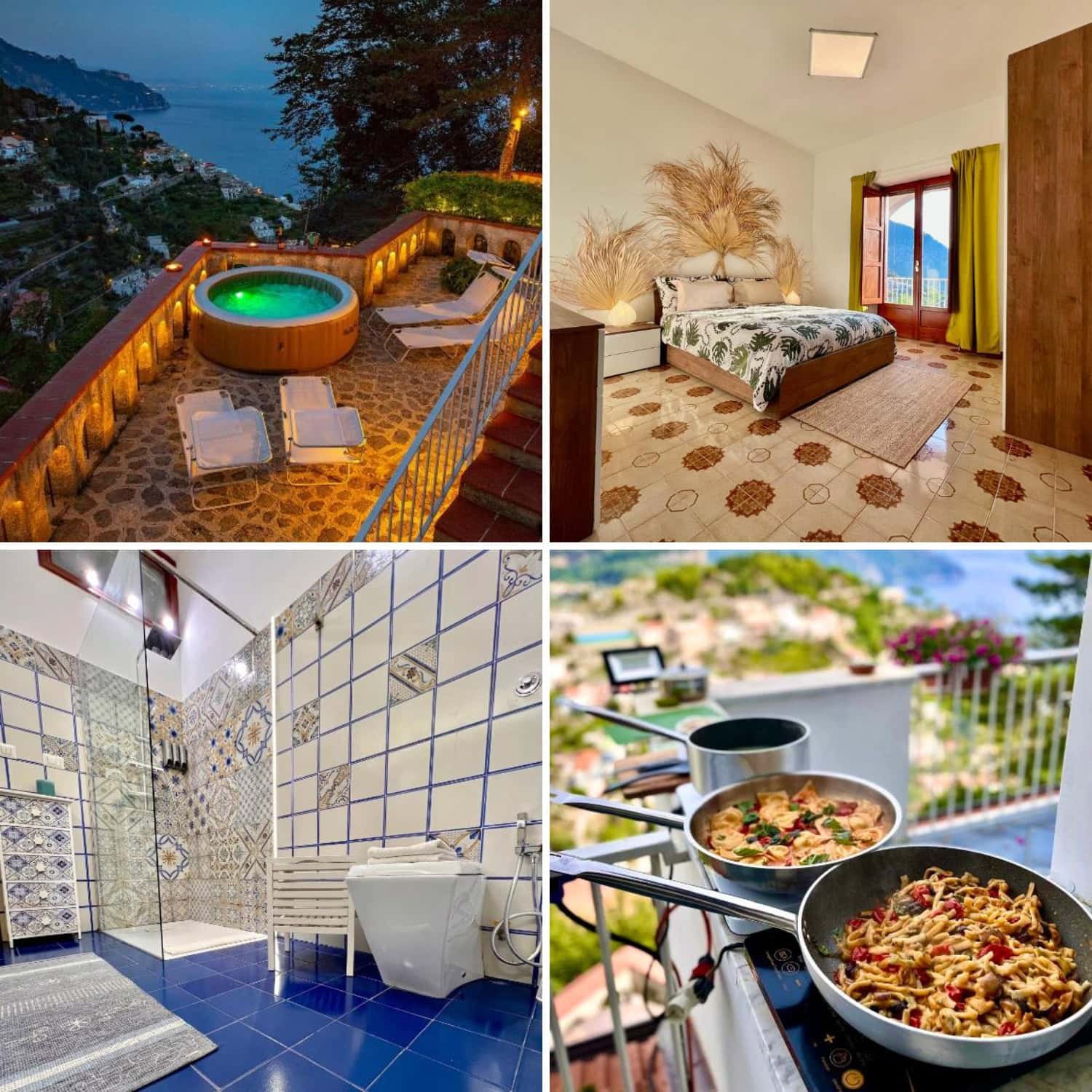 Outdoor cooking setup on a balcony with pans of pasta and vegetables overlooking a blurred Amalfi town view. The scene captures everyday moments while staying in Amalfi.