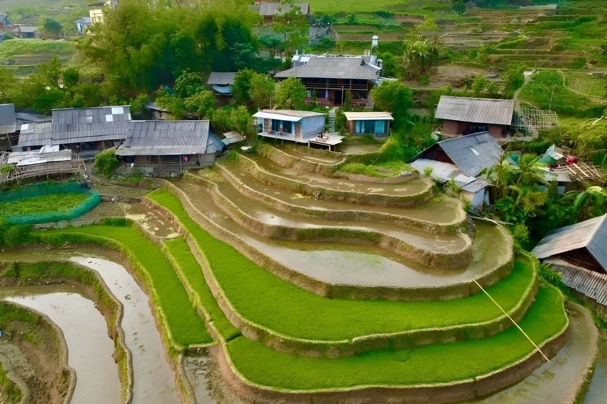 My’s Homestay built on traditional Vietnamese terraced rice paddies in Sapa Vietnam.