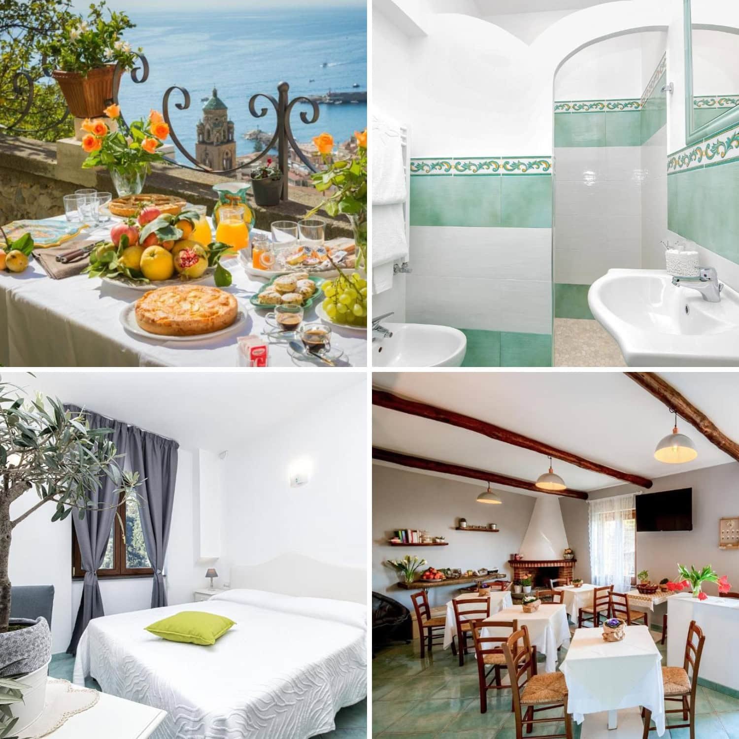 Bright breakfast spread on a terrace overlooking the Amalfi coastline with pastries, fruit, juice, and flowers on the table. The setting captures the charm of staying in Amalfi with sea views and outdoor dining.