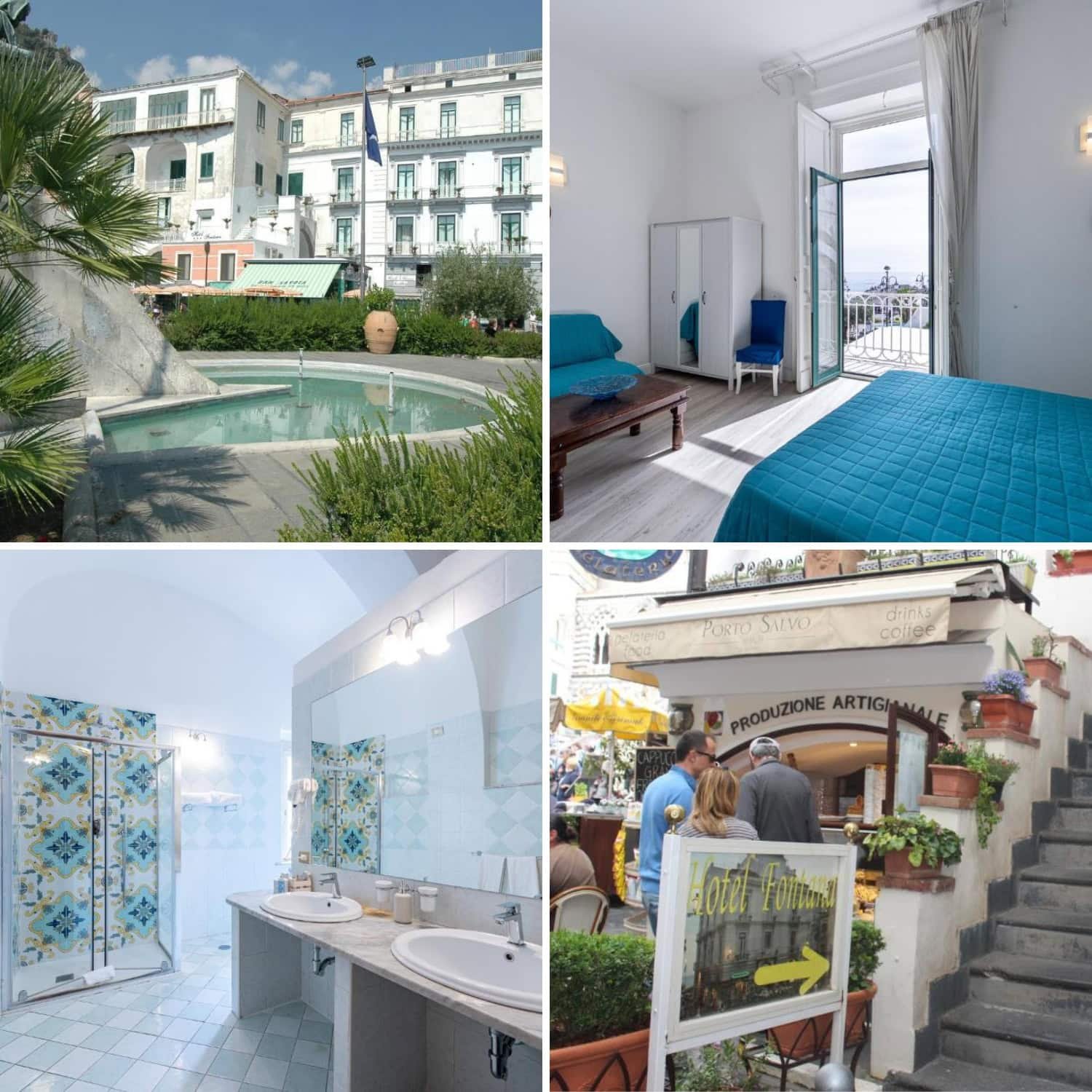 Hotel courtyard with a small fountain surrounded by greenery and a white building facade in the background. This tranquil outdoor space reflects boutique accommodation options when considering where to stay in Amalfi.