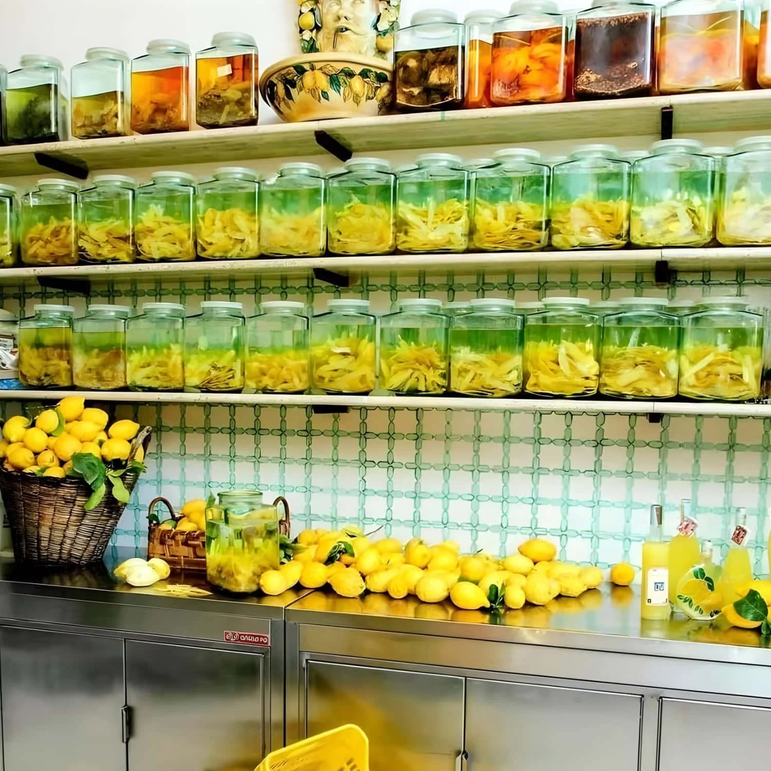 Shelves filled with glass jars of preserved lemons and citrus products with fresh Amalfi lemons displayed on the counter below. Visiting lemon shops and tasting local citrus specialties is one of the unique Amalfi Coast things to do.
