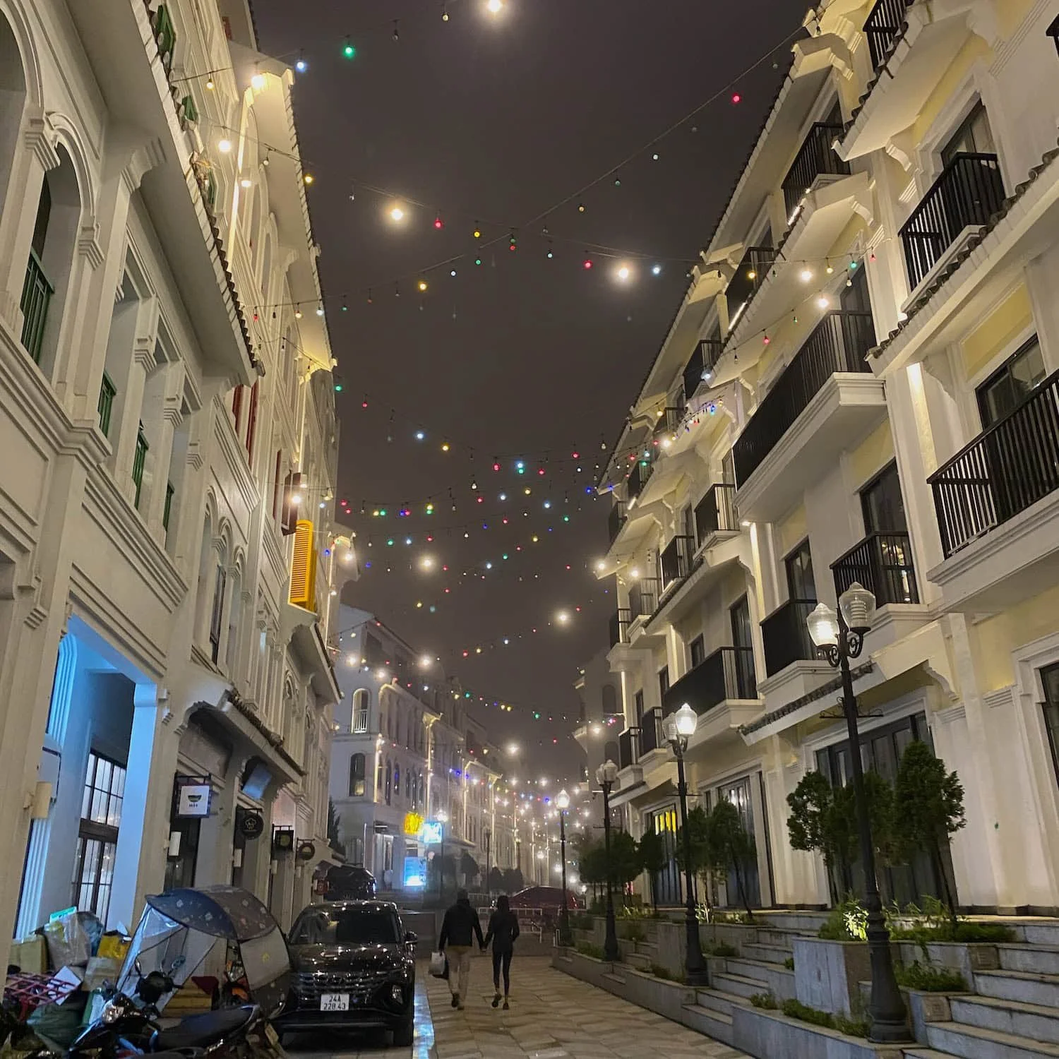 Streets of Sapa Town lit up with fairy lights.