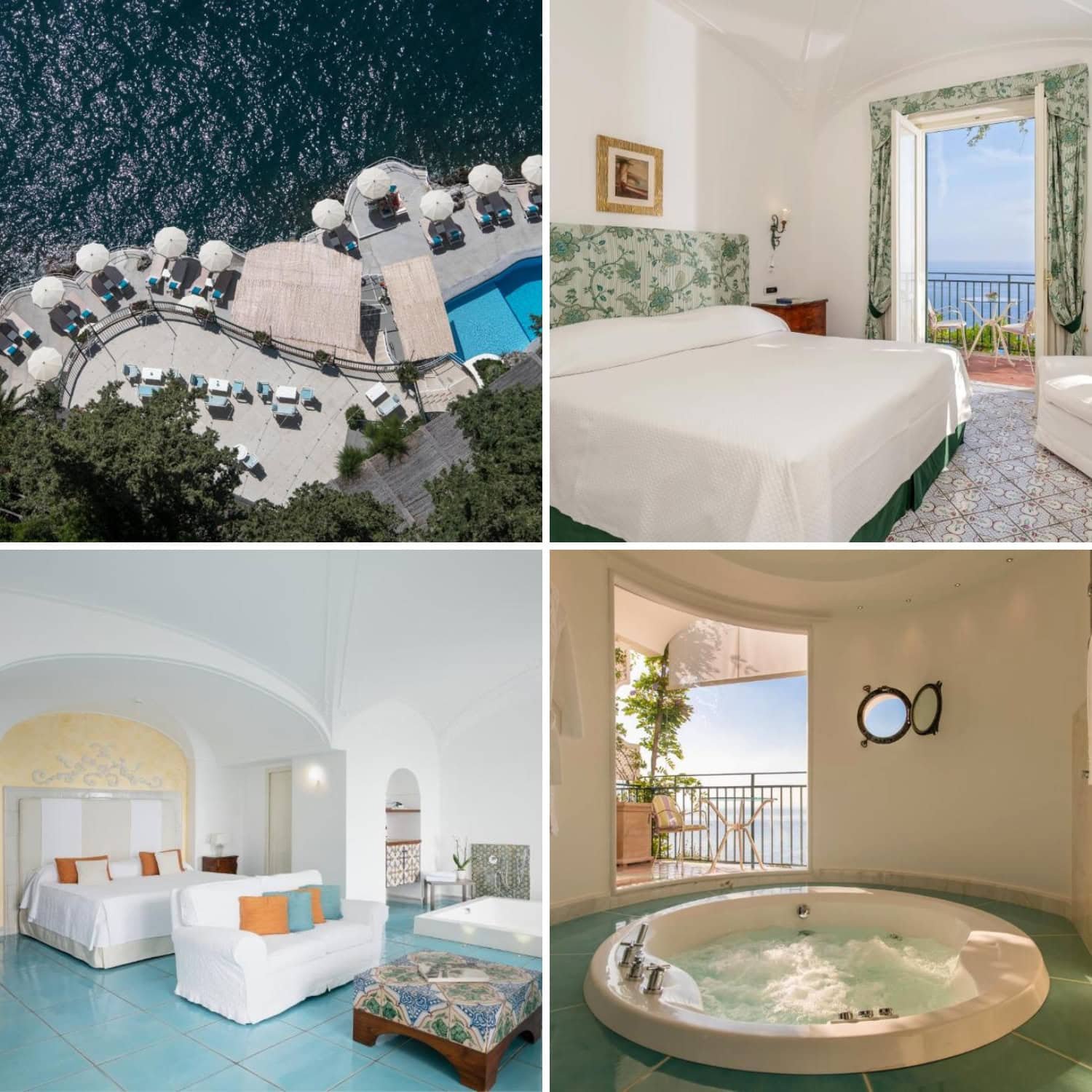 Overhead view of a cliffside pool area with lounge chairs and umbrellas overlooking the deep blue sea. Amenities like this highlight luxury options for where to stay in Amalfi.