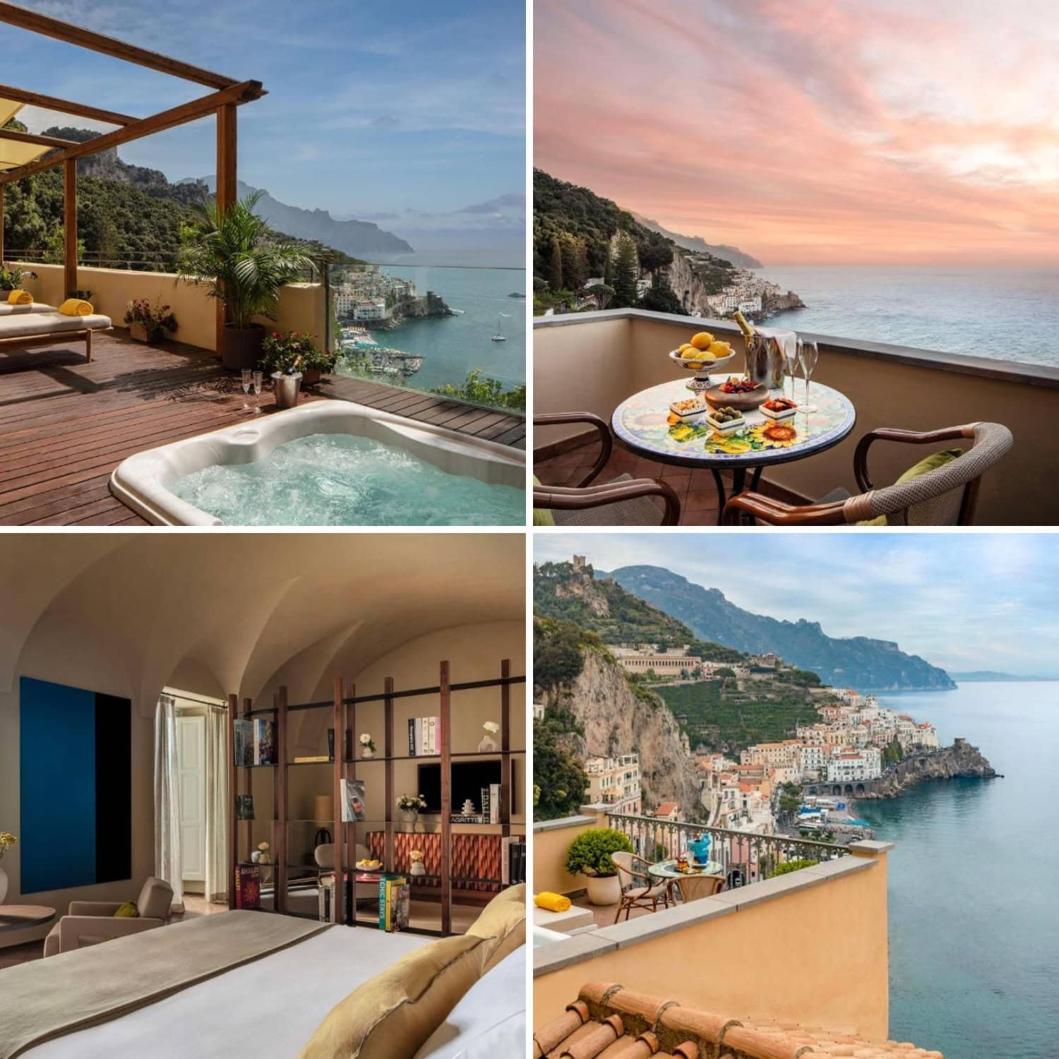 Bright hotel bedroom with white bedding, patterned tile floors, and open balcony doors revealing a sea view. The airy design and terrace access reflect scenic stays in Amalfi.