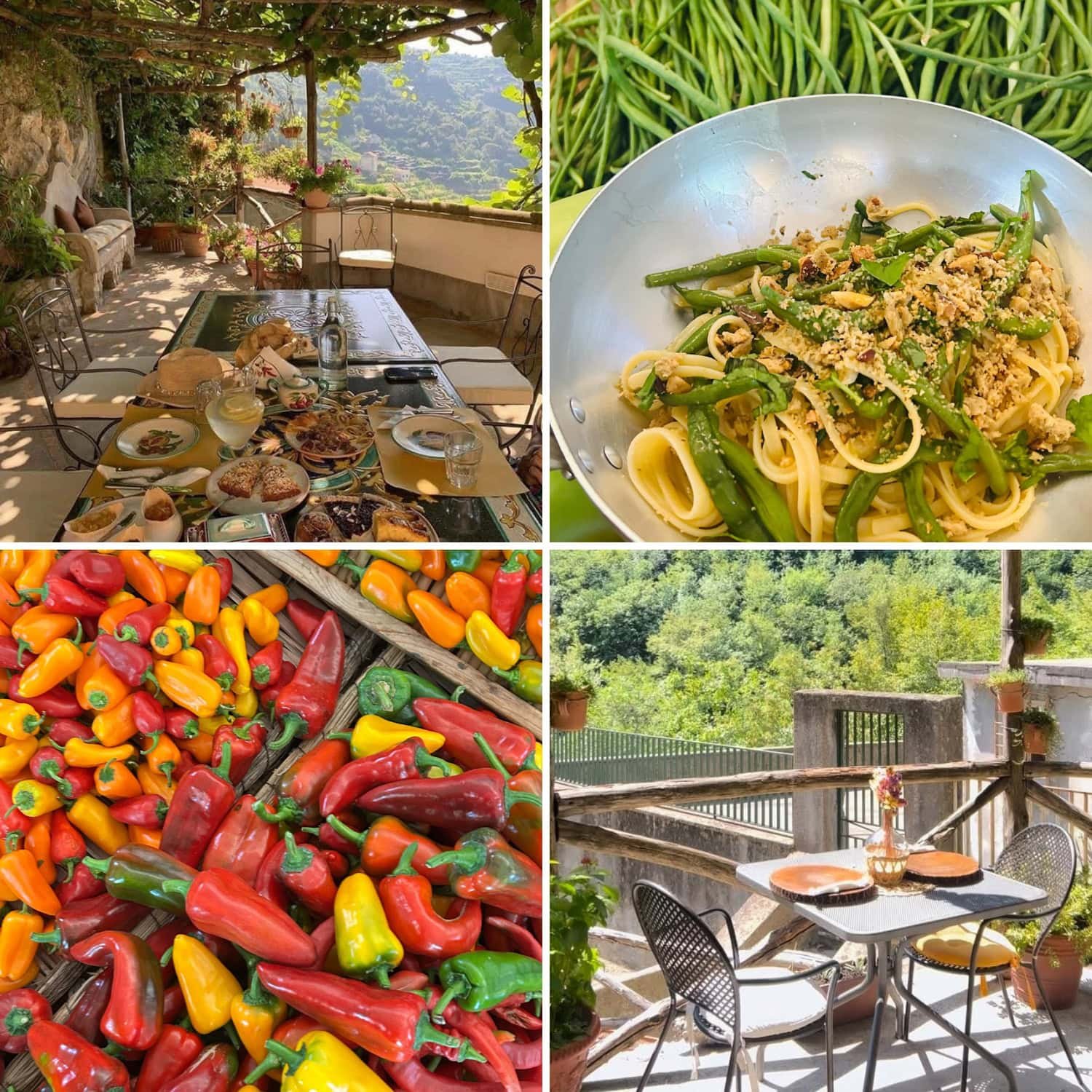Colorful assortment of fresh peppers displayed at a market with red, yellow, and green varieties filling the frame. The vibrant produce reflects the local food culture found throughout Amalfi.