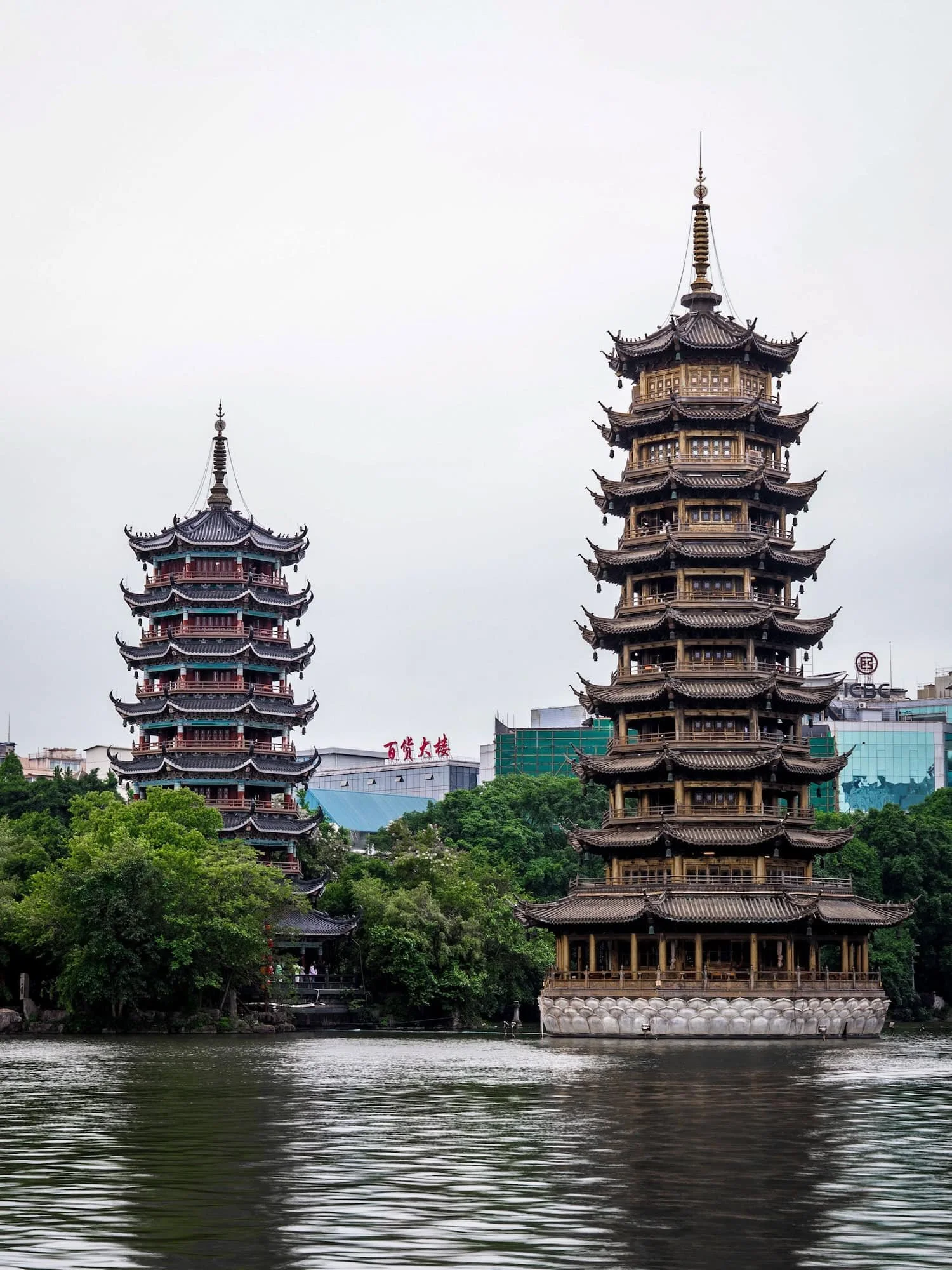 The Sun and Moon Pagodas in Guilin, China. This 2 week China itinerary includes iconic landmarks like Guilin.
