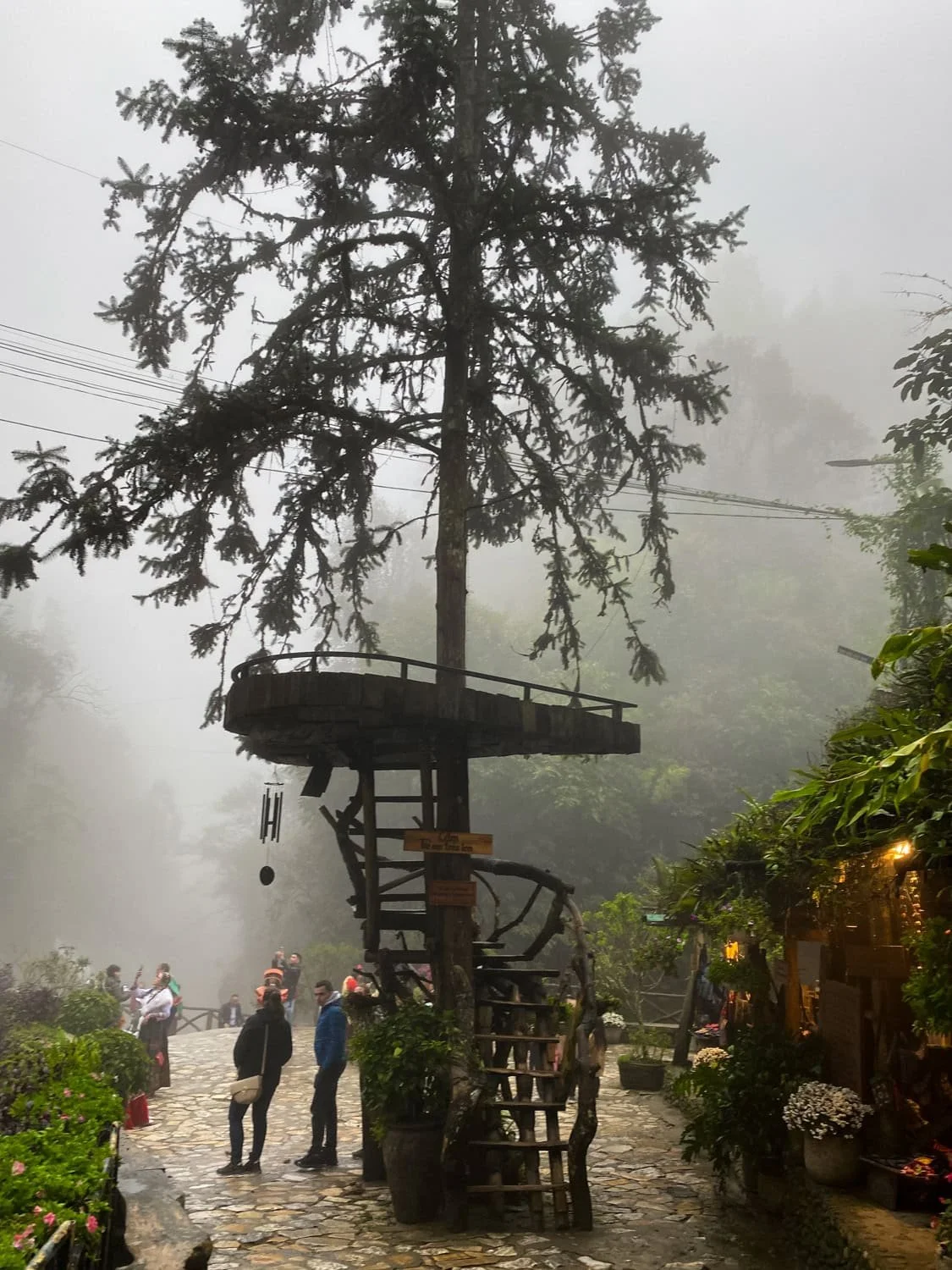 A misty scene in Cat Cat Village featuring a large tree with a spiral wooden lookout platform built around its trunk, surrounded by visitors and market stalls.