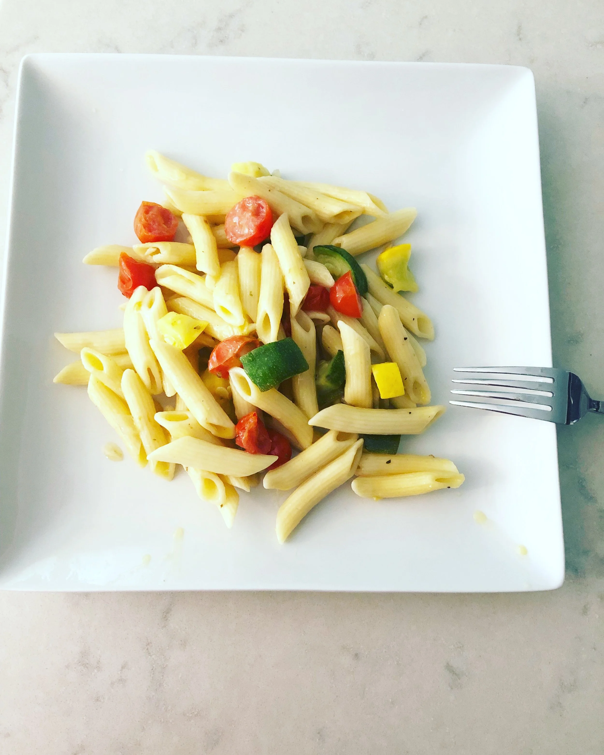 Pasta with Roasted Zucchini, Yellow Squash and Grape Tomatoes