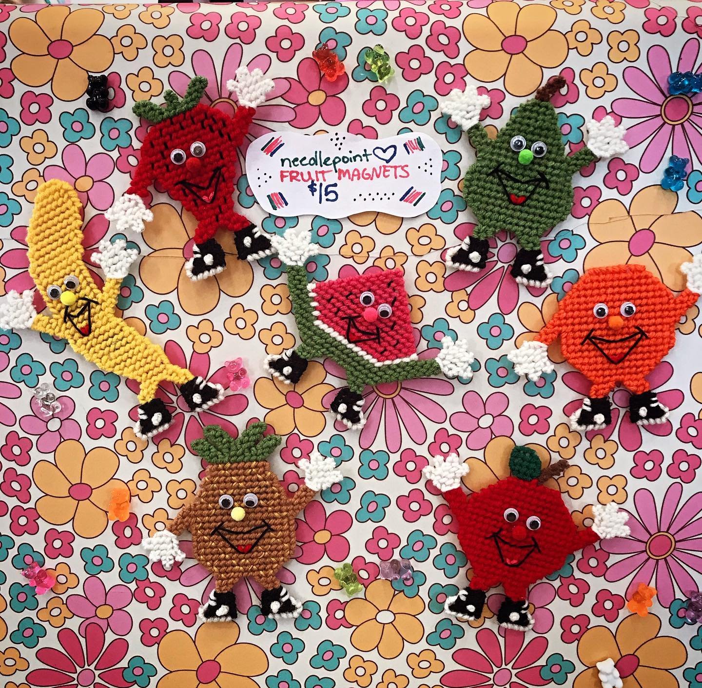 We&rsquo;ve got needlepoint fruit magnets made by our very own Meagan aka @sketchy_stitch ! They&rsquo;re cheerful, charming, and ready to lay down some dance moves.