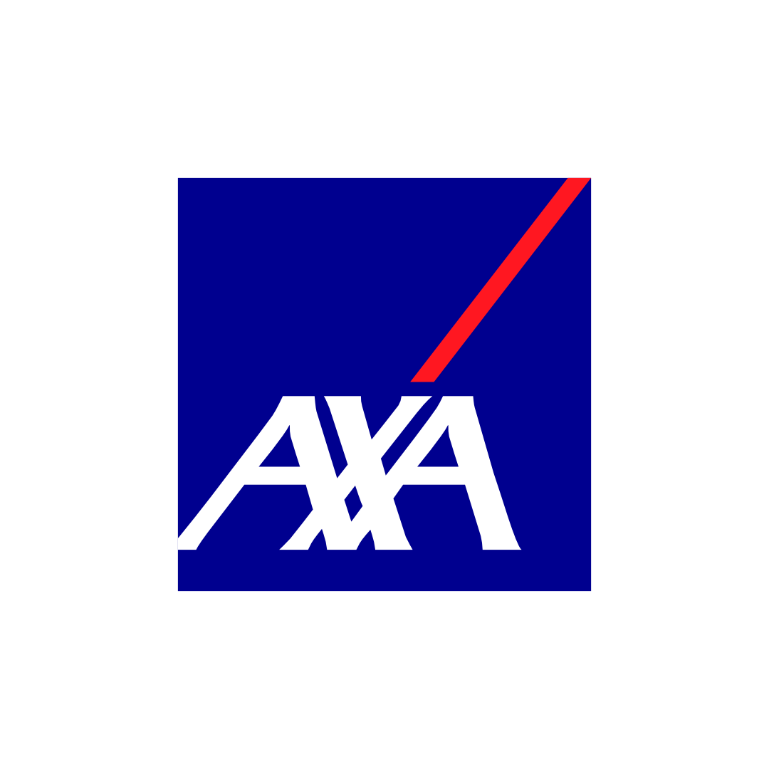 The AXA logo featuring white stylized letters "AXA" on a blue square background with a red diagonal line extending from the top right corner.