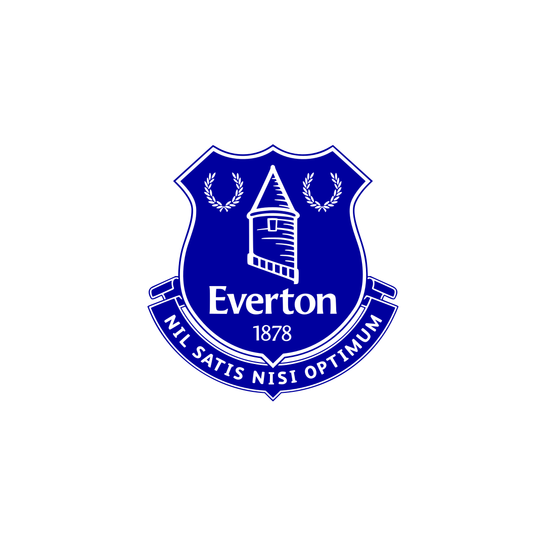 Blue Everton Football Club badge with a tower and laurel wreaths, and the Latin motto 'Nil Satis Nisi Optimum' on a black background.