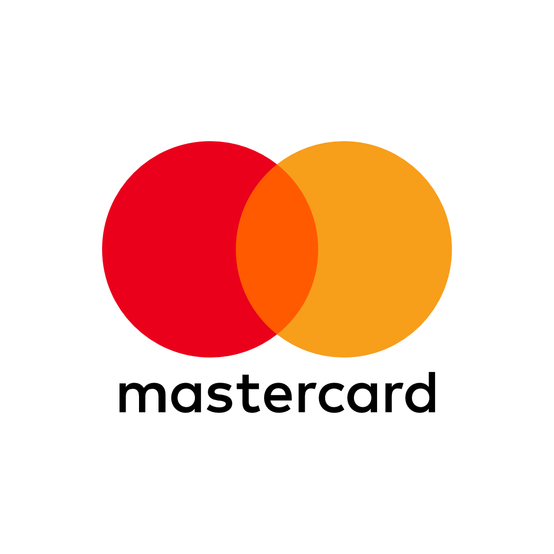 Mastercard logo with overlapping red and orange circles and text 'Mastercard' beneath.