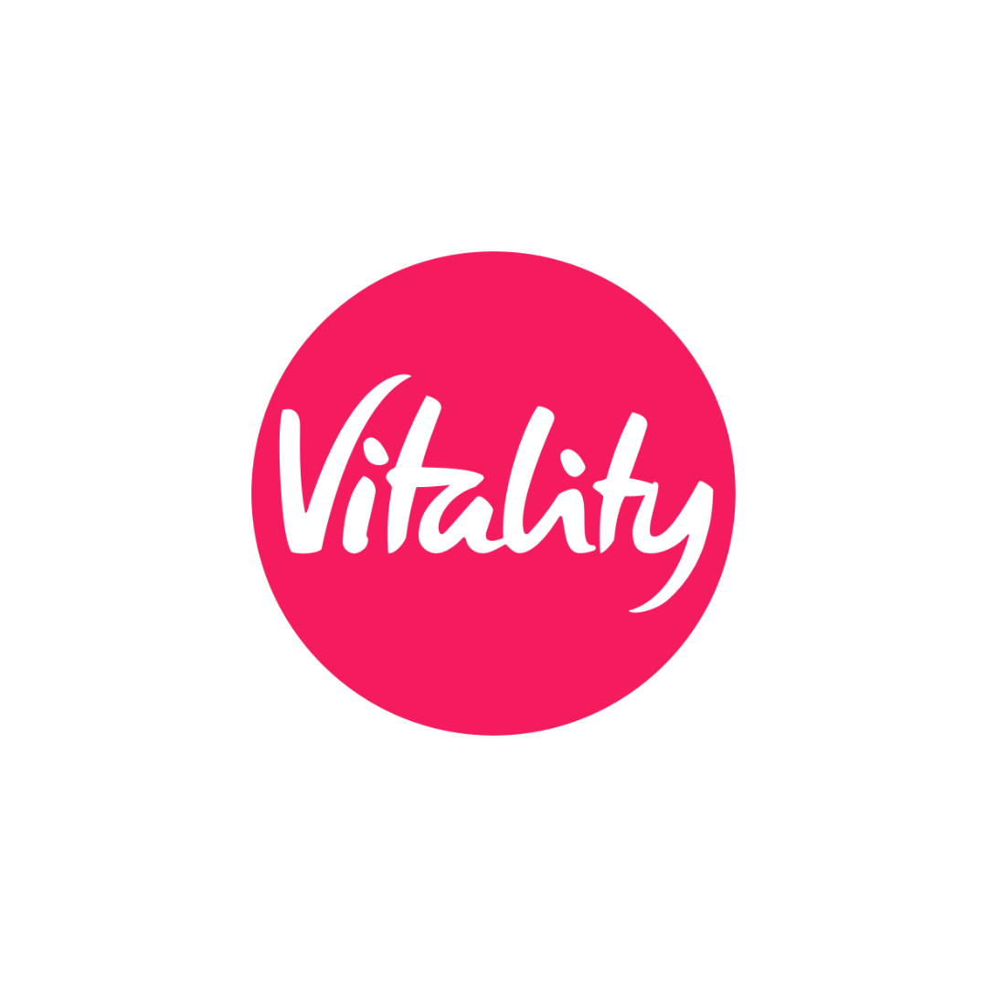 Pink circle with the word 'Vitality' written in white cursive font