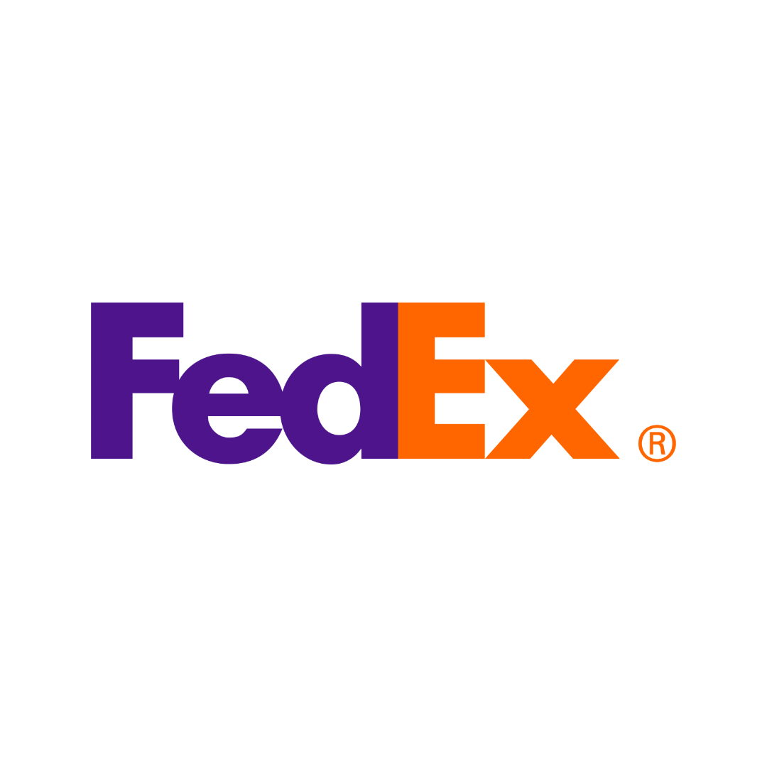 FedEx logo with purple and orange text on a black background.