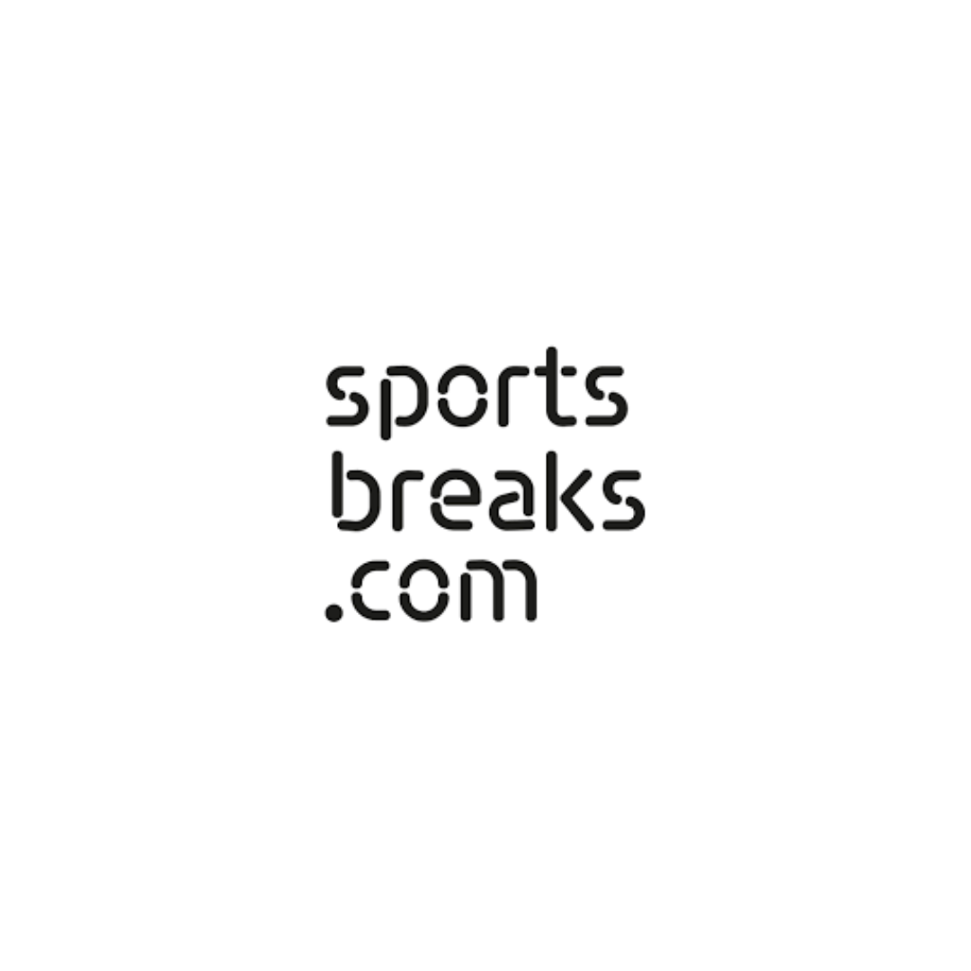 Logo with black background and white box displaying the text "sports breaks.com" in black stylized font.