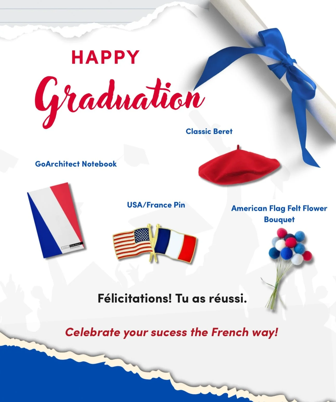 So proud of you! Shop these goodies at our boutique! 

 &bull; USA/France Pin - 10,00 $US
 &bull; GoArchitect Notebook, French colors - 10,00 $US
 &bull; Classic Beret - 45,00 $US
 &bull; American Flag Felt Flower Bouquet - 30,00 $US/ 60,00 $US

📍 A