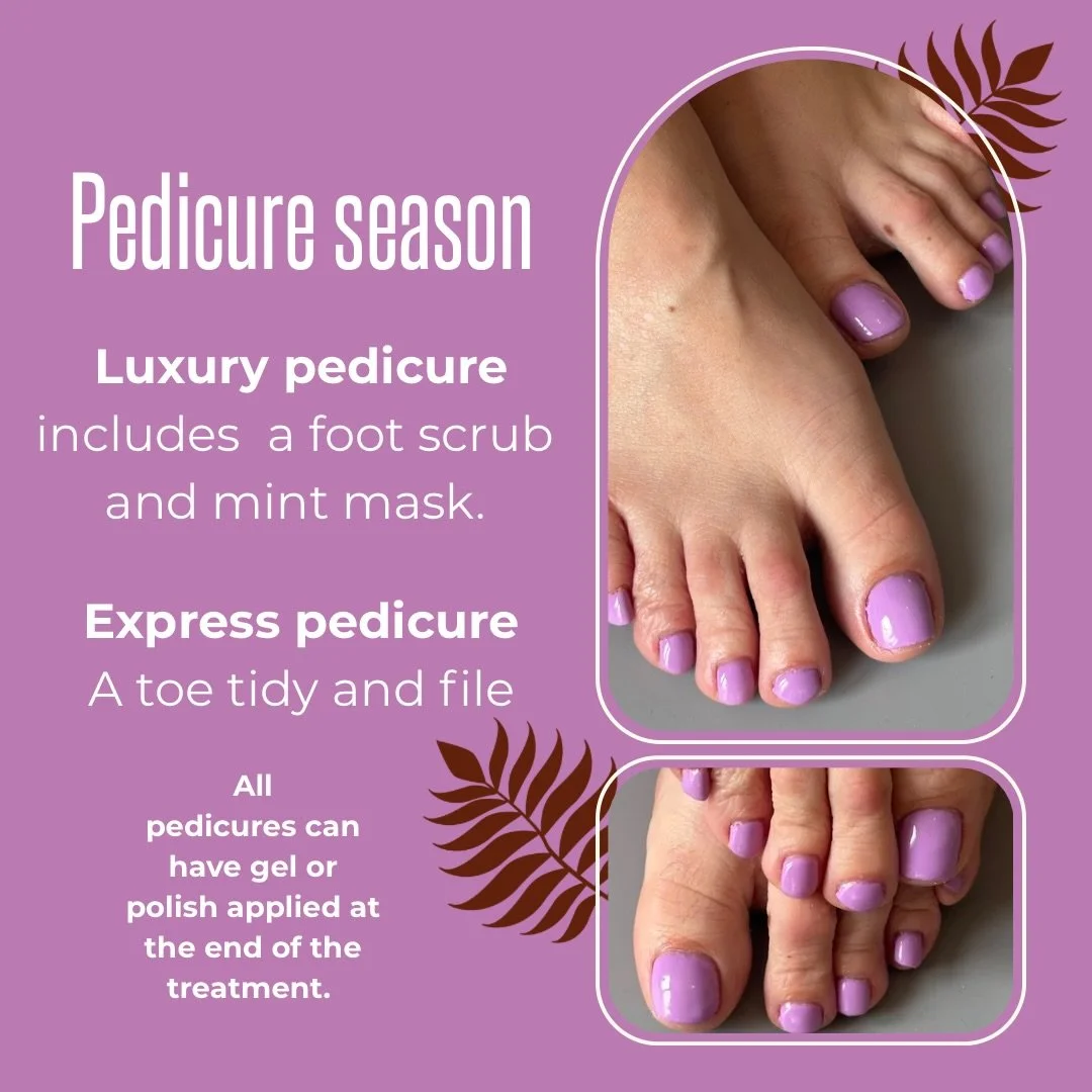 Pedicure season is well and truly upon us. 👣

The sun is out, the sandals are calling, and your toes... well, they might need a little wake-up call after a long winter in boots! 
💜
I offer a range of lovely pedicures to get your feet ready and make