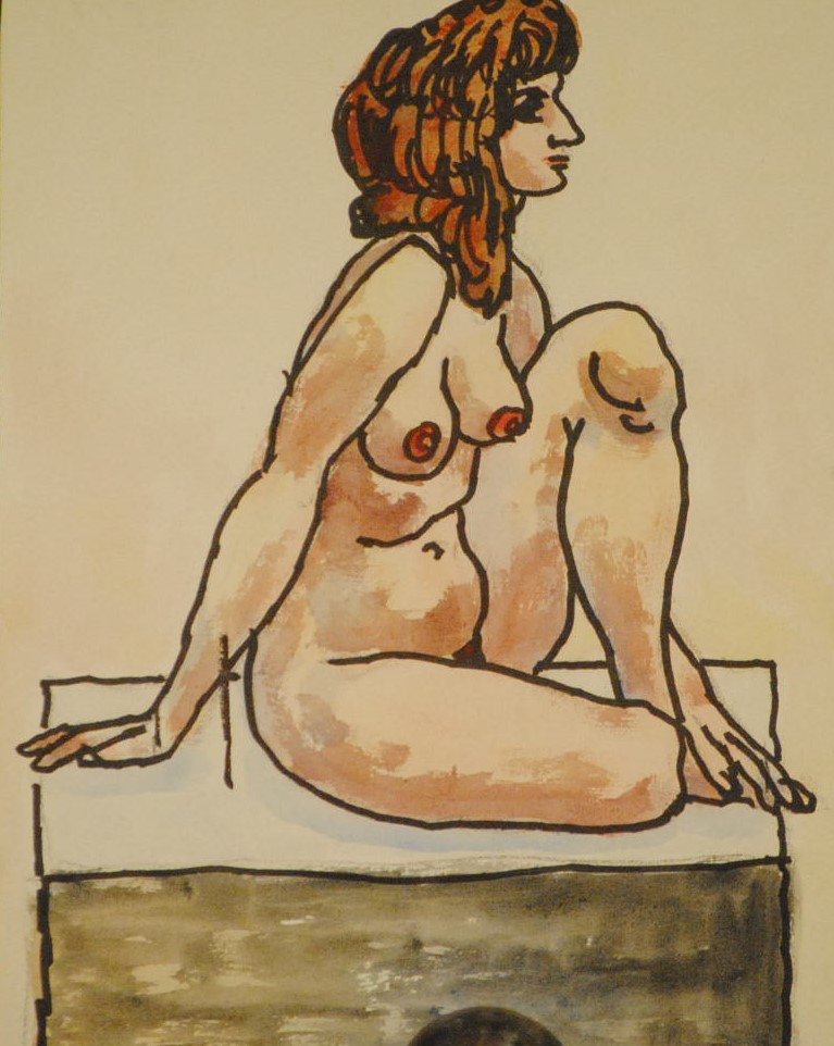 nude with hand on foot	