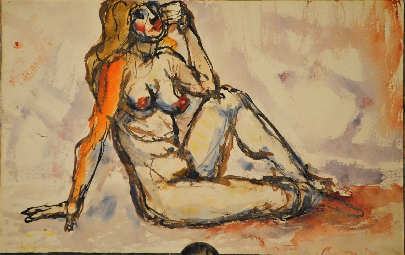 nude leaning on arm with orange shading